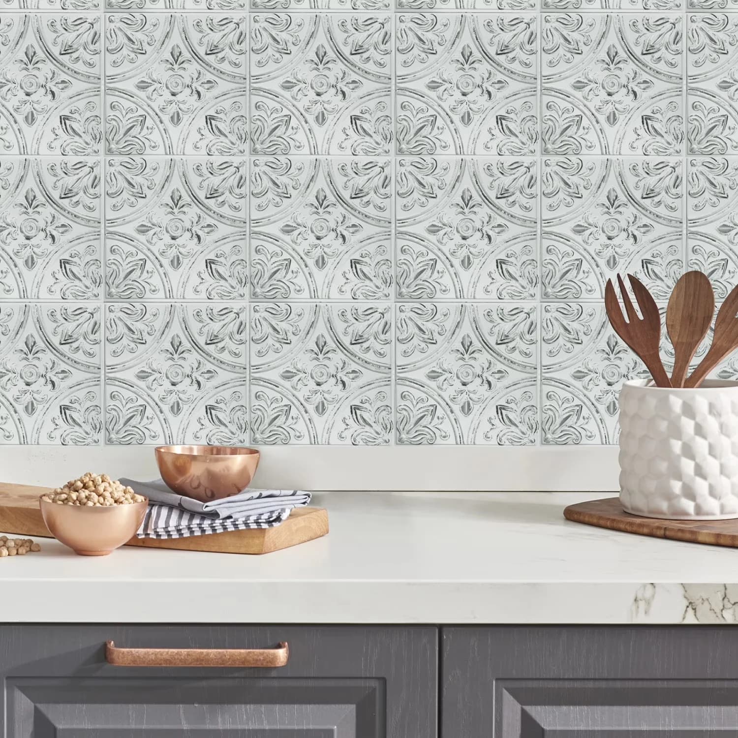 Versatile Bathroom Renovation with Easy To Clean, Tin White Peel & Stick Tile Backsplash - White Polyvinyl Chloride Laminate Model 003CFE