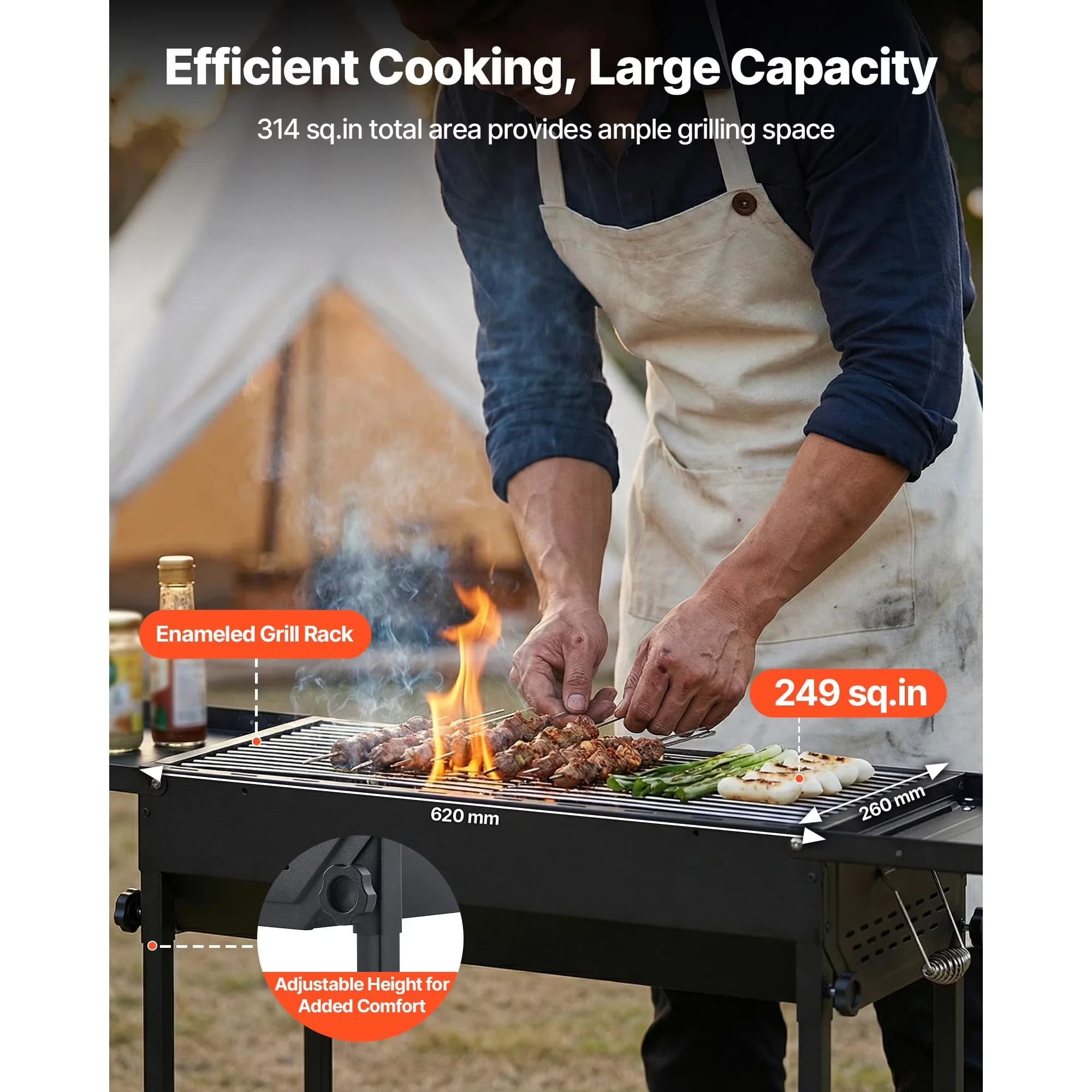 Sleek Charcoal Grill with Portable, Adjustable Air Vents, Removable Ash Catcher - Carbon Steel Black for Outdoor, Camping Model 8CCD2A