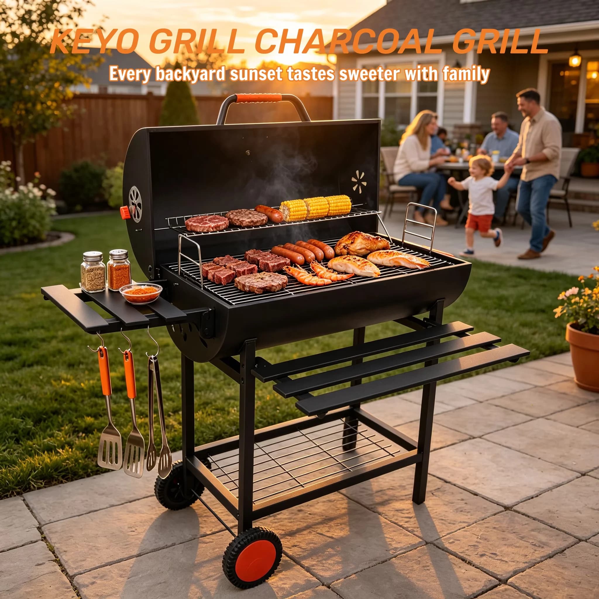 Classic Charcoal Grill with Removable Ash Catcher, Adjustable Air Vents, Adjustable Charcoal Tray - Black Metal, Stainless Steel Model 0BA105