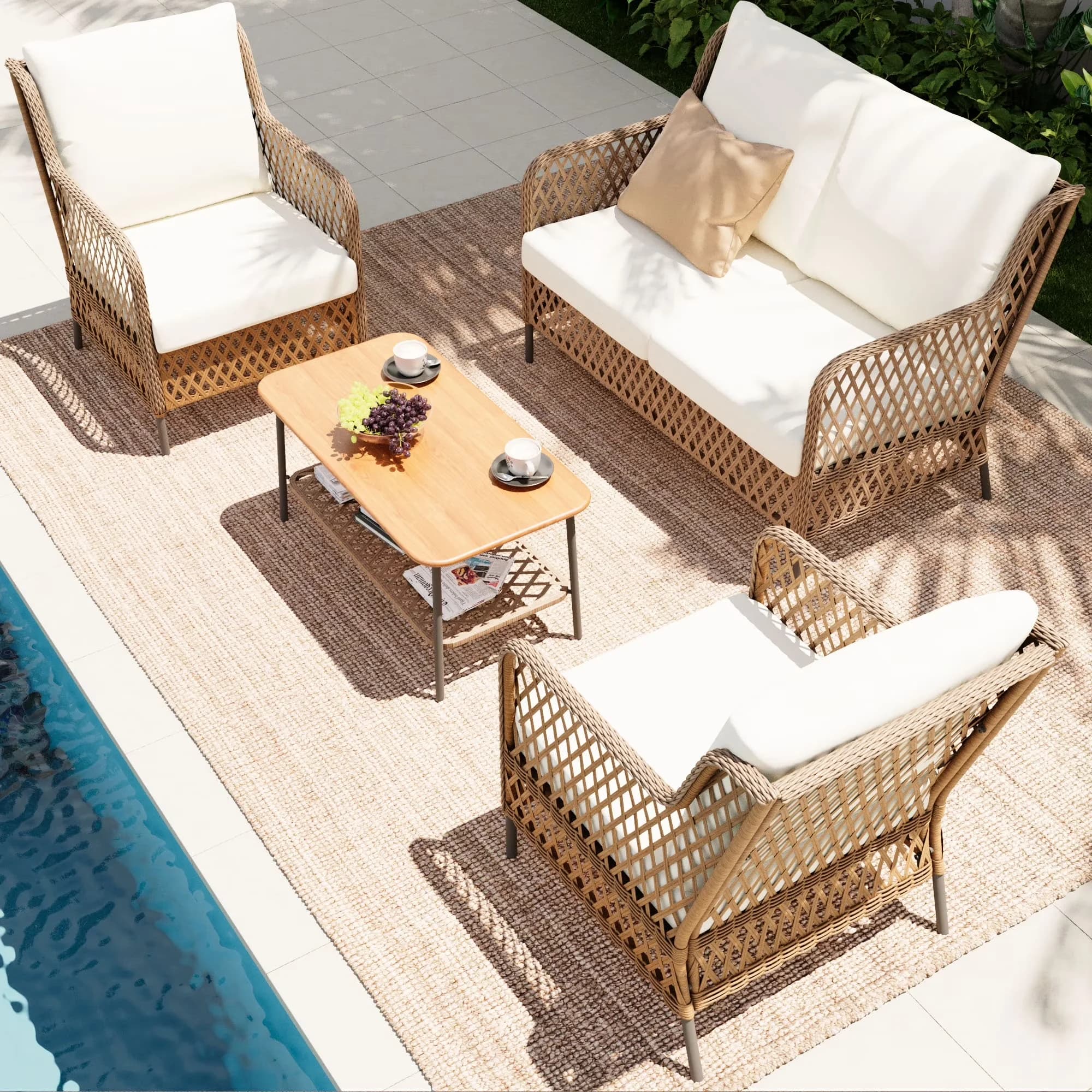 Stylish Patio Conversation Set with Weatherproof, 2 Chairs and Table - Pe Wicker, Olefin, Metal Brown Model 6B446A