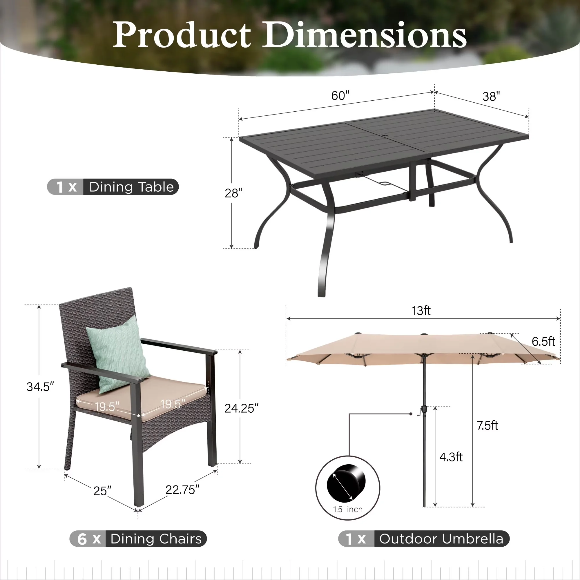Patio Dining Set Stylish with Weatherproof, Rattan Chairs & Rectangle Table - Metal, Polyester, Rattan Beige Model C41FD3