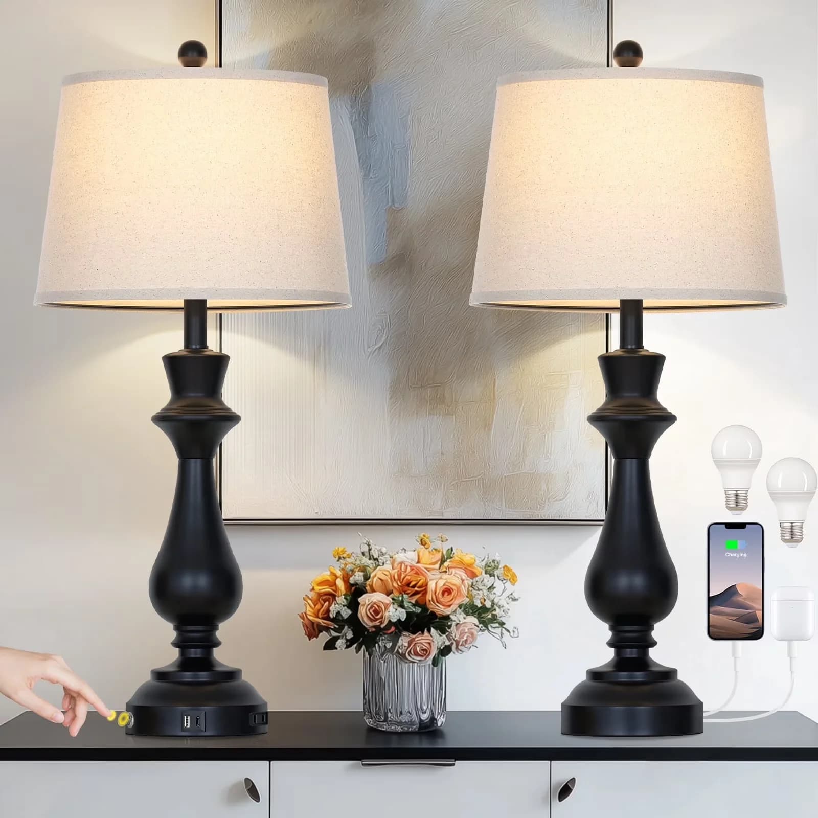 Sleek Lamp with LED, Power Outlet, Dimmable - Metal Black for Living Room, Bedroom Model 985436