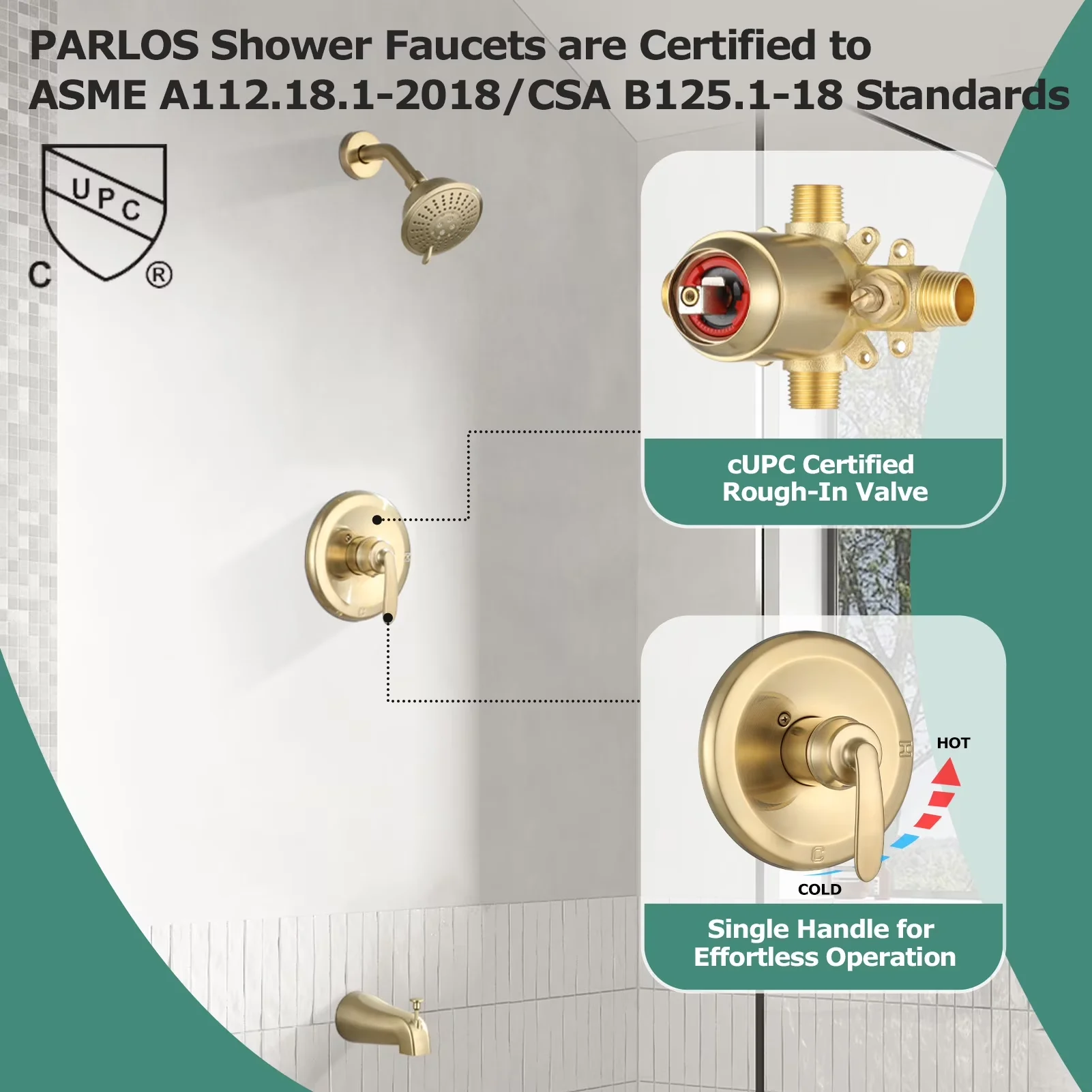 Shower Head Quality with Easy To Clean, Pressure Balance - Brushed Gold Brass Model CFED72