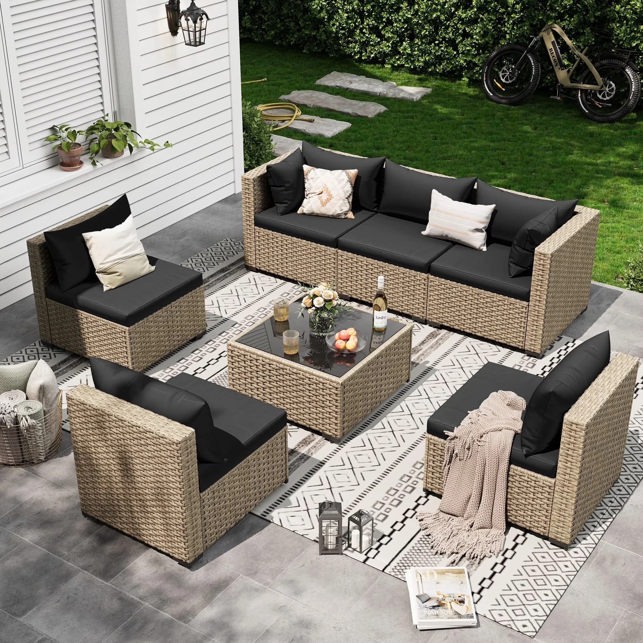 Outdoor Sofas Sectional Compact with Mid-Century, Waterproof, Cushions - Pe Resin Weave Black Model FF9B40
