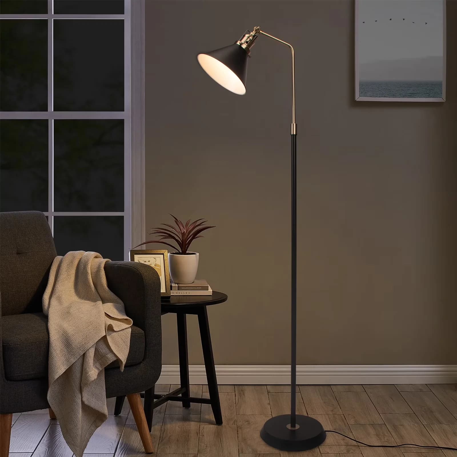 Floor Lamp Versatile with LED, Adjustable Head, Industrial - Metal Black Model BBC8E7