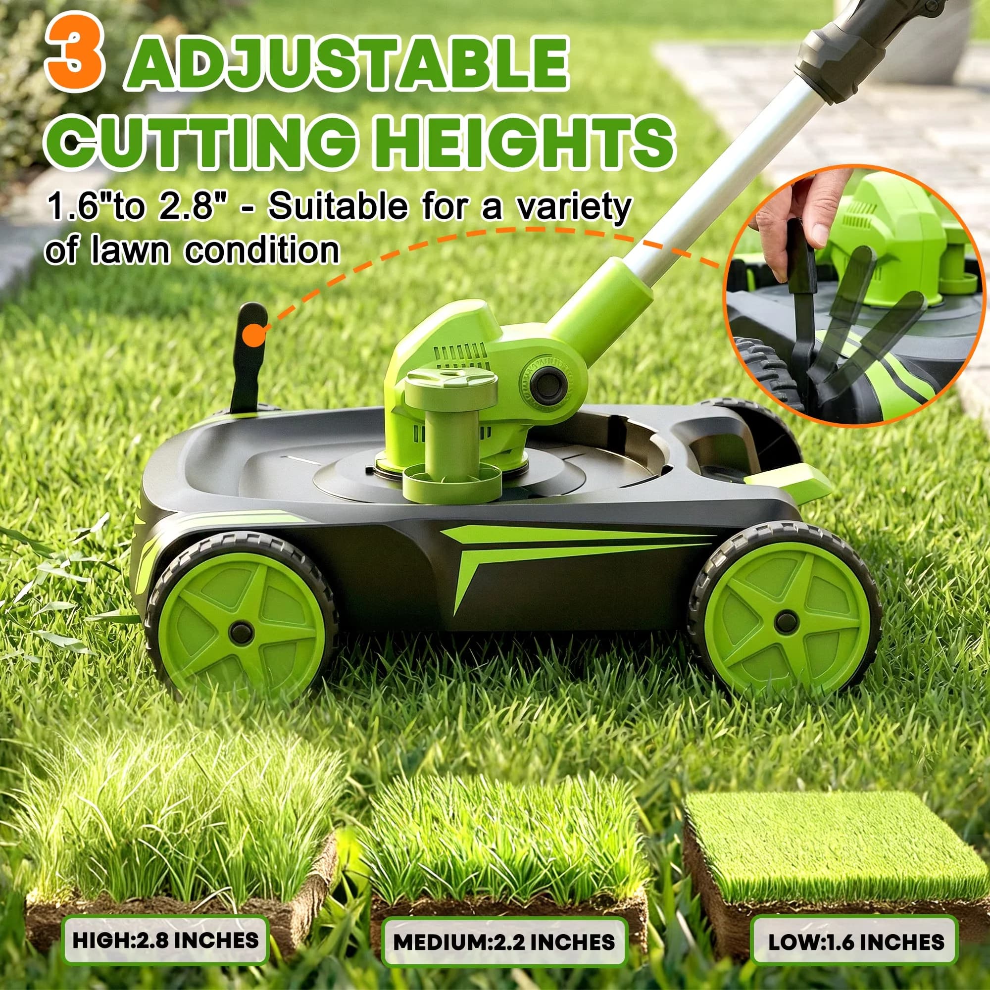 Compact Push Mower with Battery, Adjustable Cutting Height - Green for Garden Model 3B359E