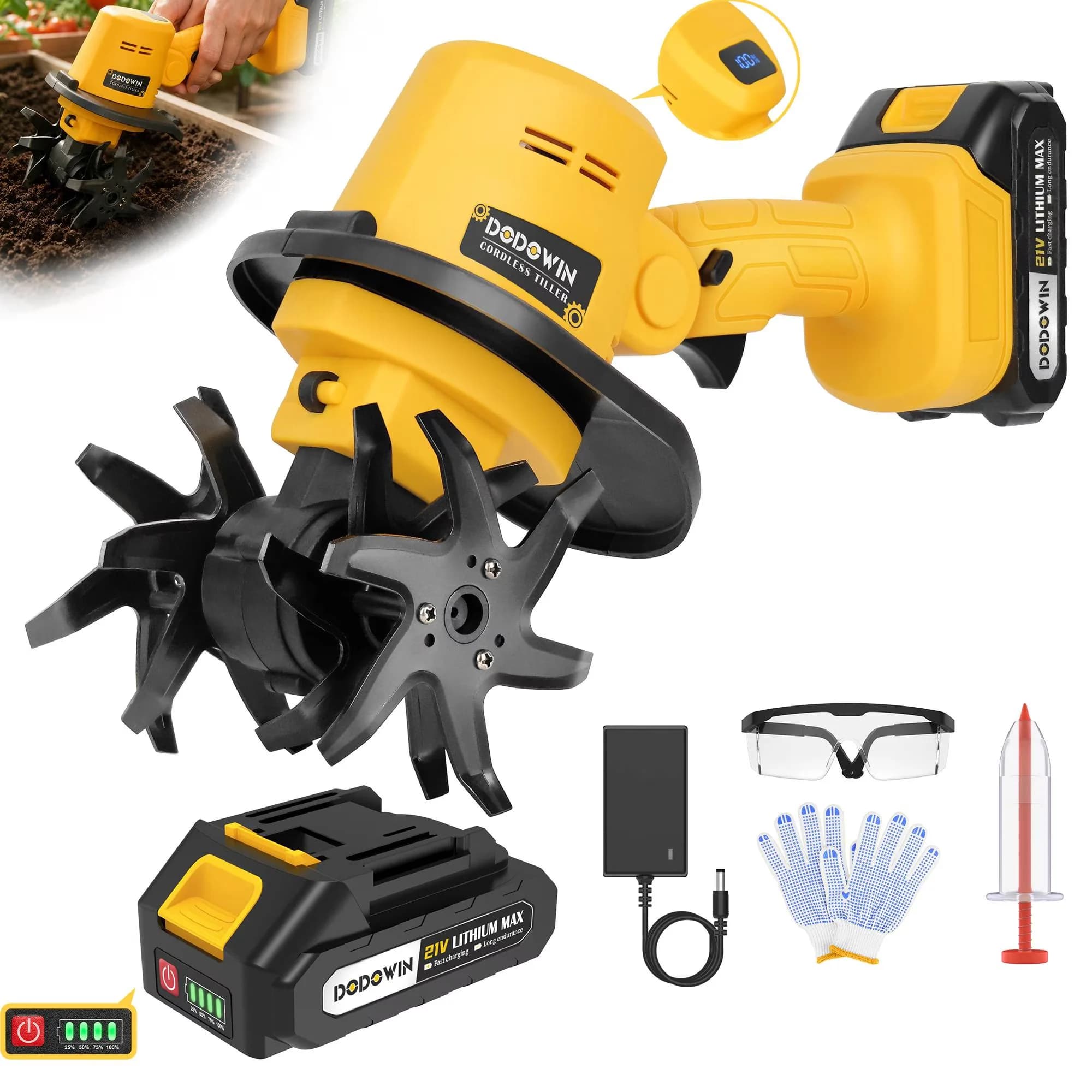 Professional Trillers Cultivator with Battery, Battery and Charger, Cordless Power Tiller for Home - Model F306E9