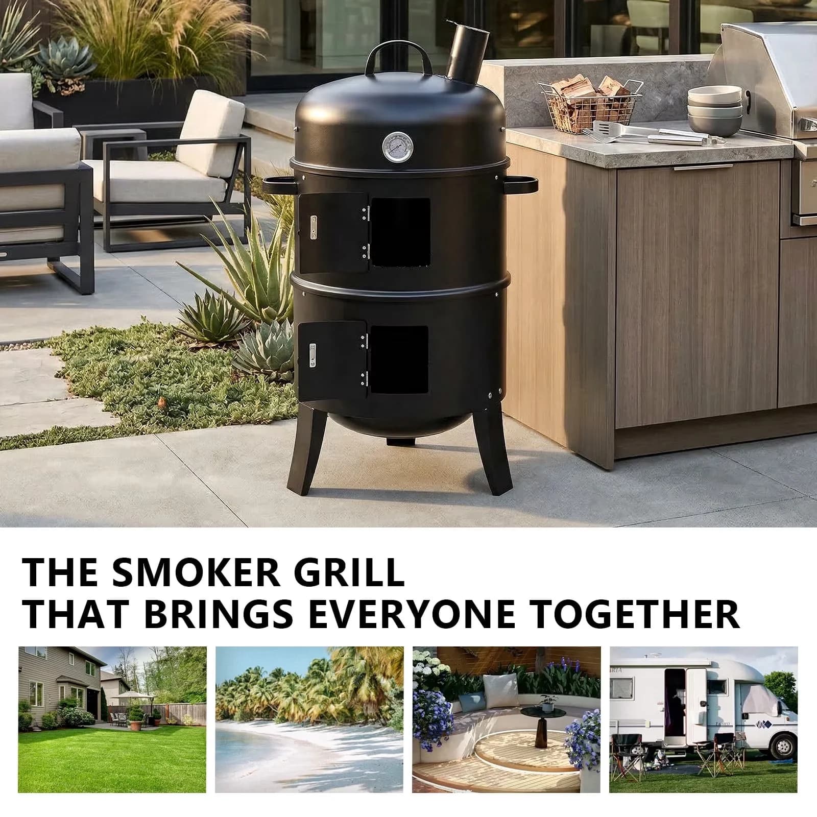 Smoker Professional with Chimney Powder-Coated Iron Vertical BBQ, 43×52×85 cm Black Cylindrical Outdoor - Iron Black Model 7B37B0