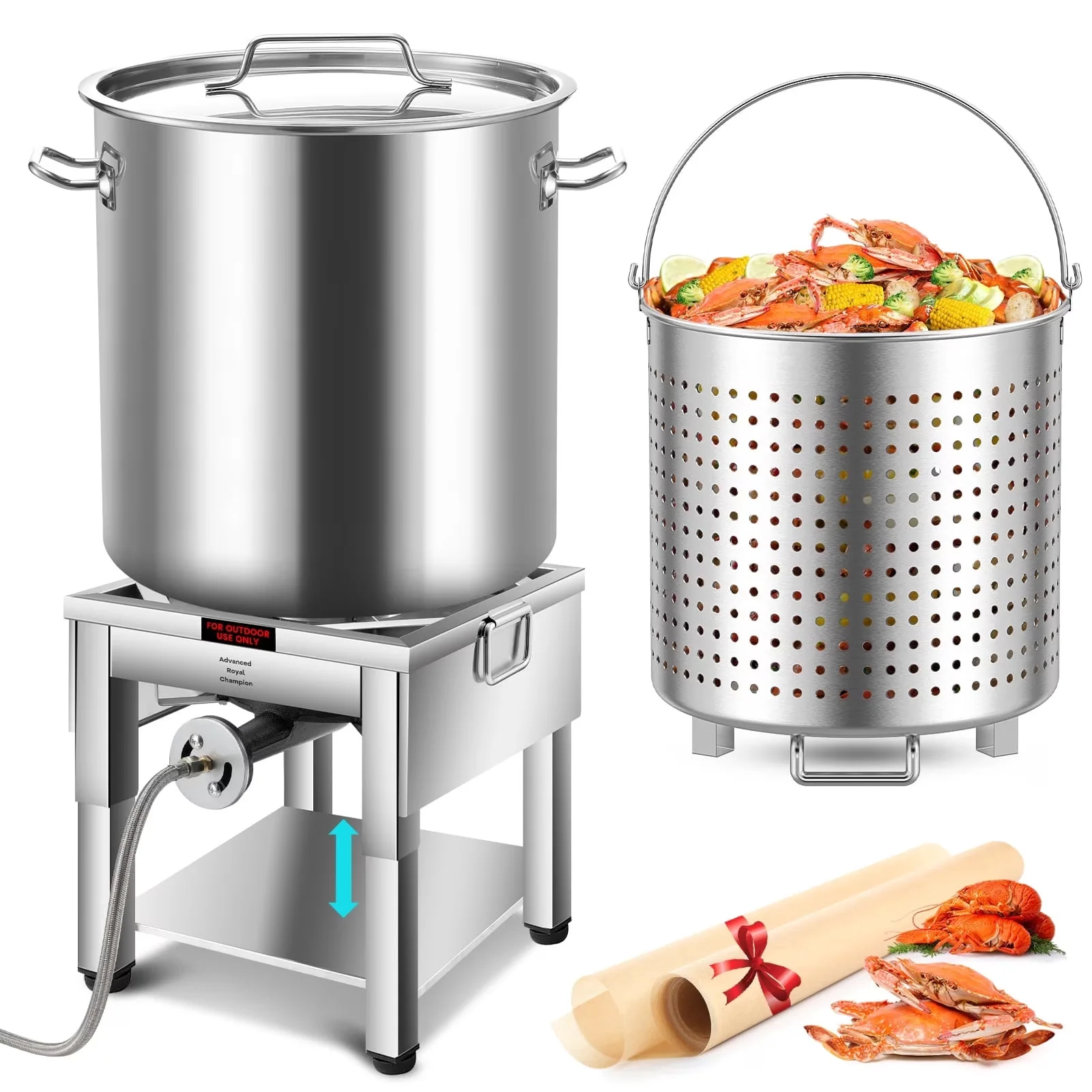 Professional Outdoor Fryer with 200000 BTU, Propane Burner Foldable Legs - Silver Stainless Steel for Outdoor, Large Model 73E948