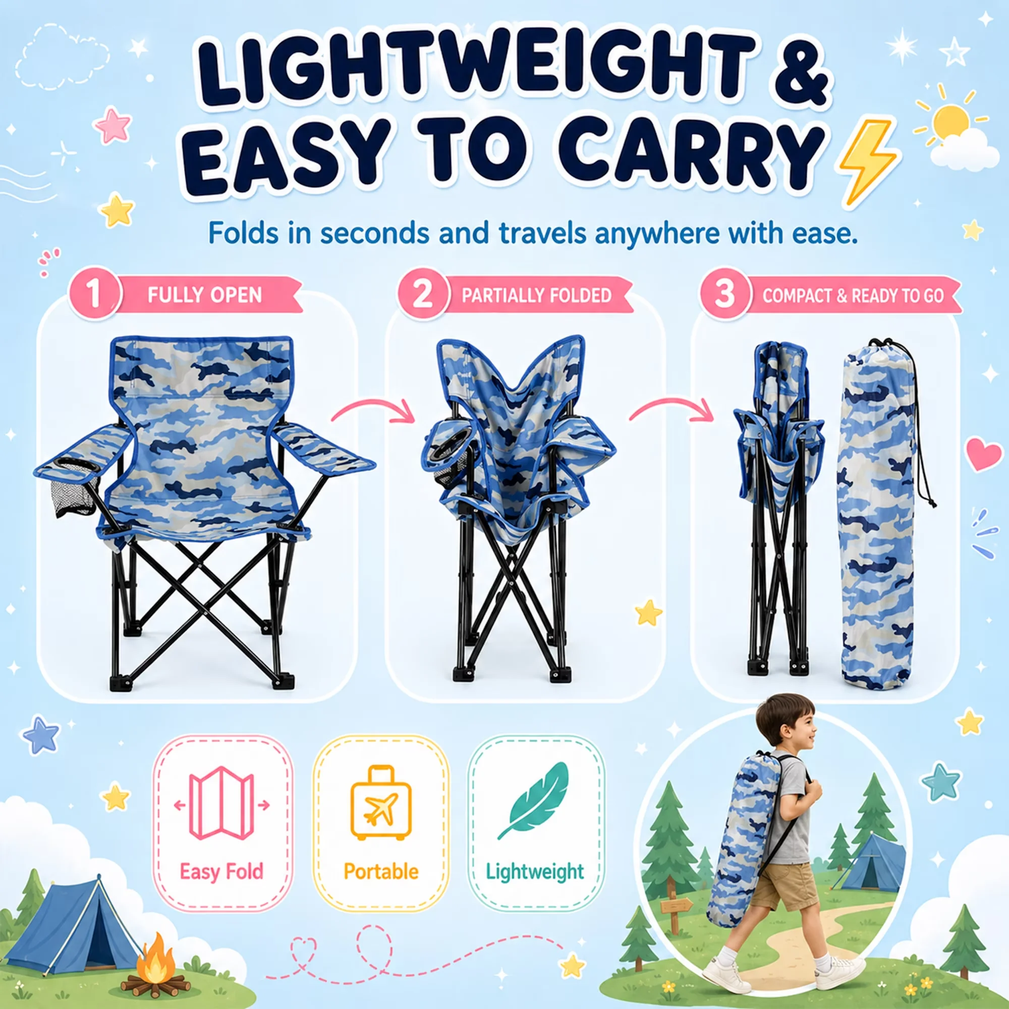 Essential Beach Chair with Portable, Designed for children aged 2-7. - Blue Model 5B2A43