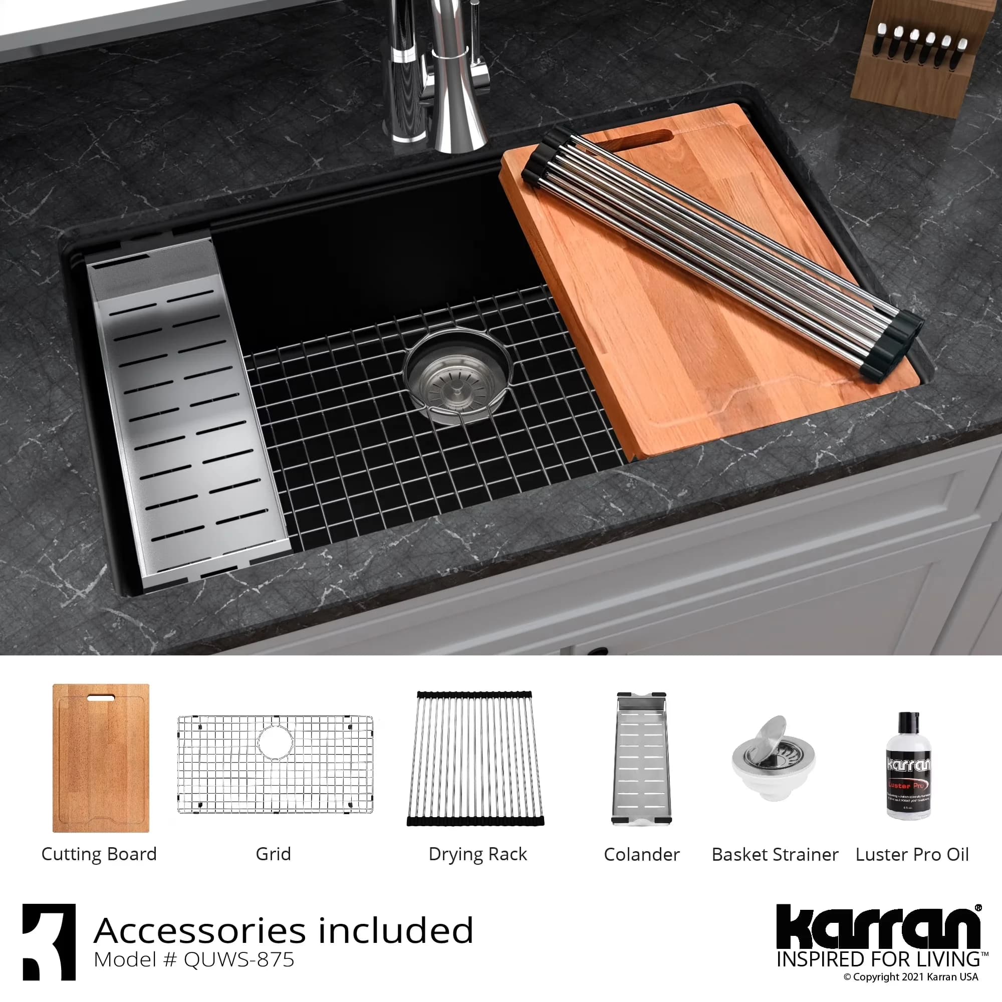 Essential Kitchen Renovation with Workstation, Quartz QU Collection - Quartz Composite Gray Model DCFB3F