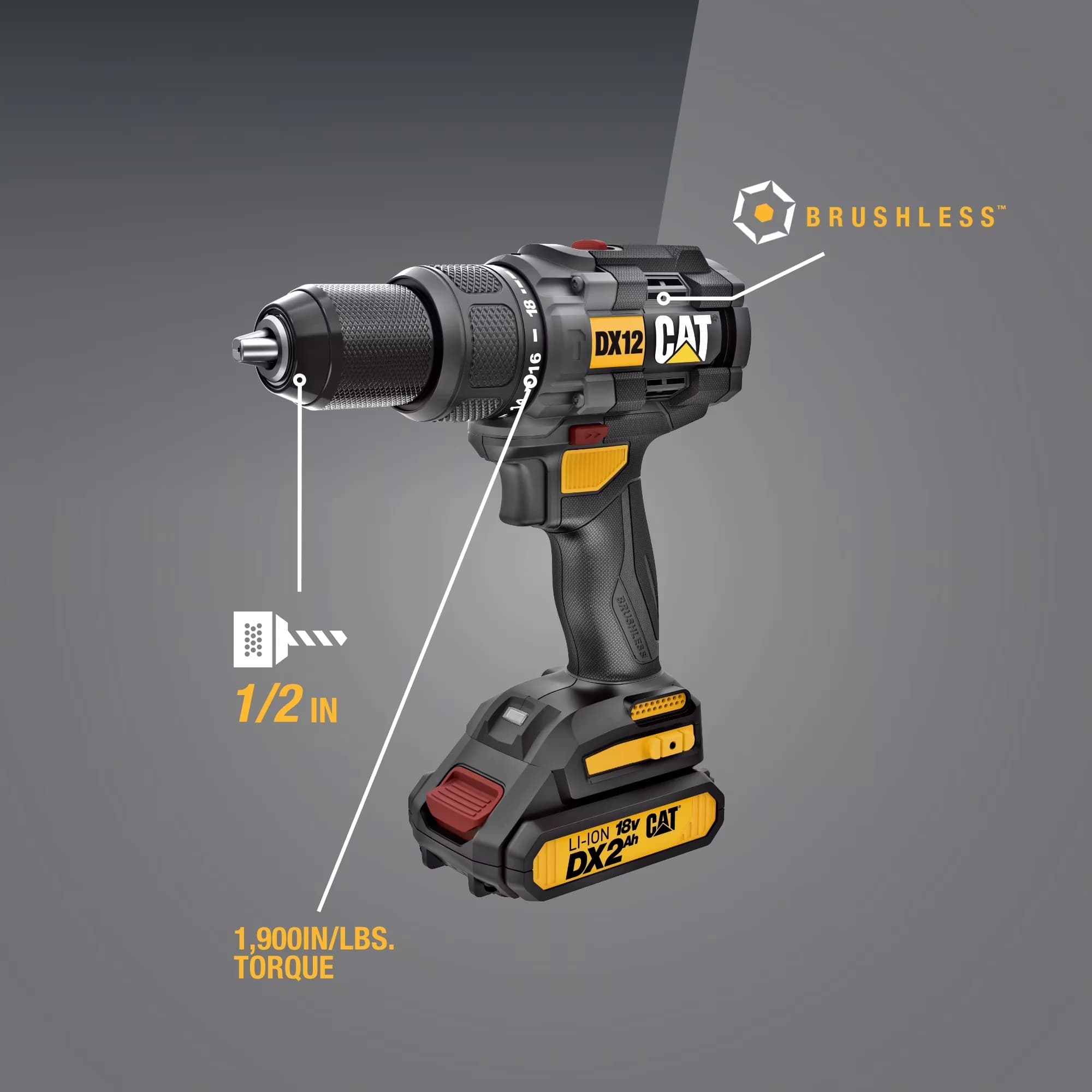 Sleek Drills Driver with Battery, 18V, Caterpillar Cat® DX12 18V 1 - Multicolor 1/2 in Model B5CA8A