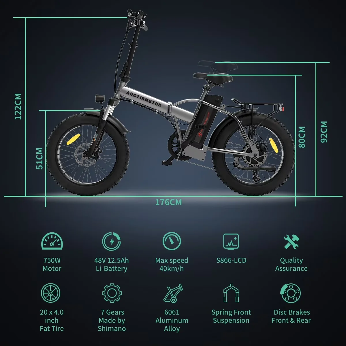 Electric Bike Professional with 750W, 48V, Folding 20 inch Fat Tire - Compact and Portable Model 7574A4