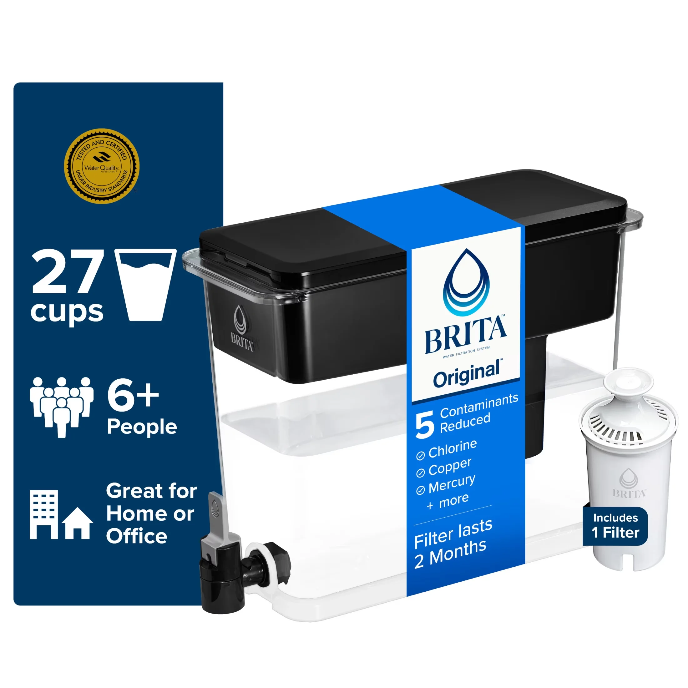 Water Filtration Stylish with Automatic Shut Off, Black, 27 Cup Plastic Dispenser - Plastic Black Model FC1B0B