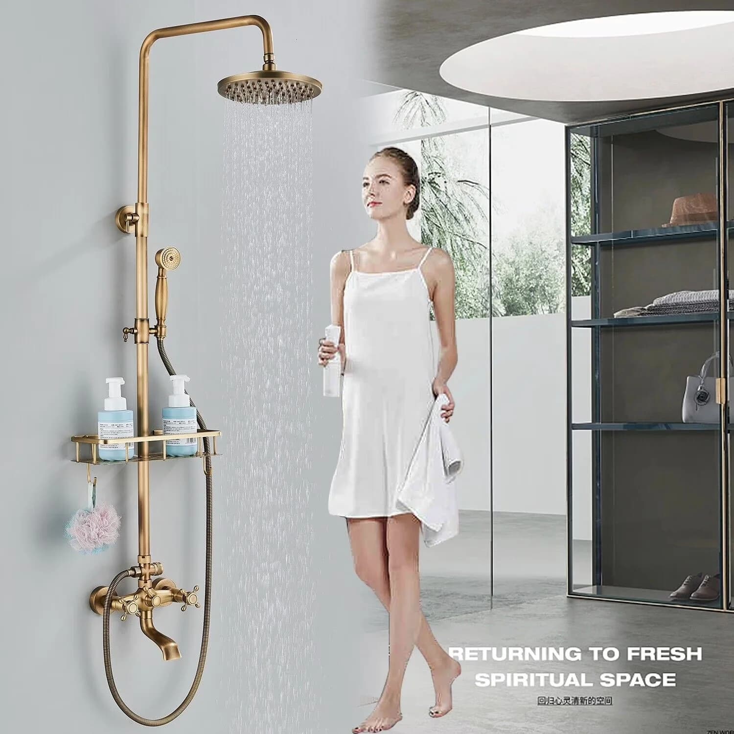 Versatile Shower Head with Adjustable, Easy Installation, Shower Head Material: Brass - Gold Brass Model E79906