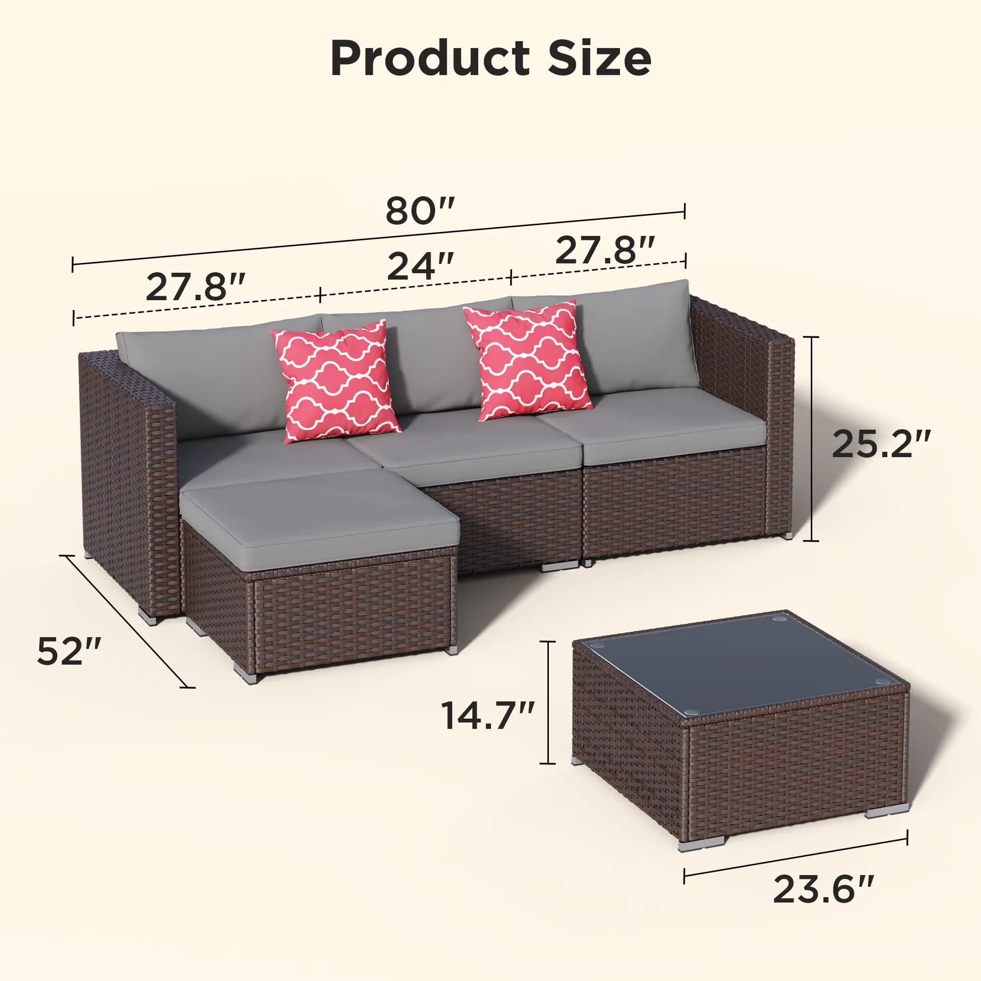Outdoor Sofas Sectional Essential with Removable Cushion Cover, Modern, Storage - Polyethylene, Rattan, Steel, Glass Gray Model AD37FF
