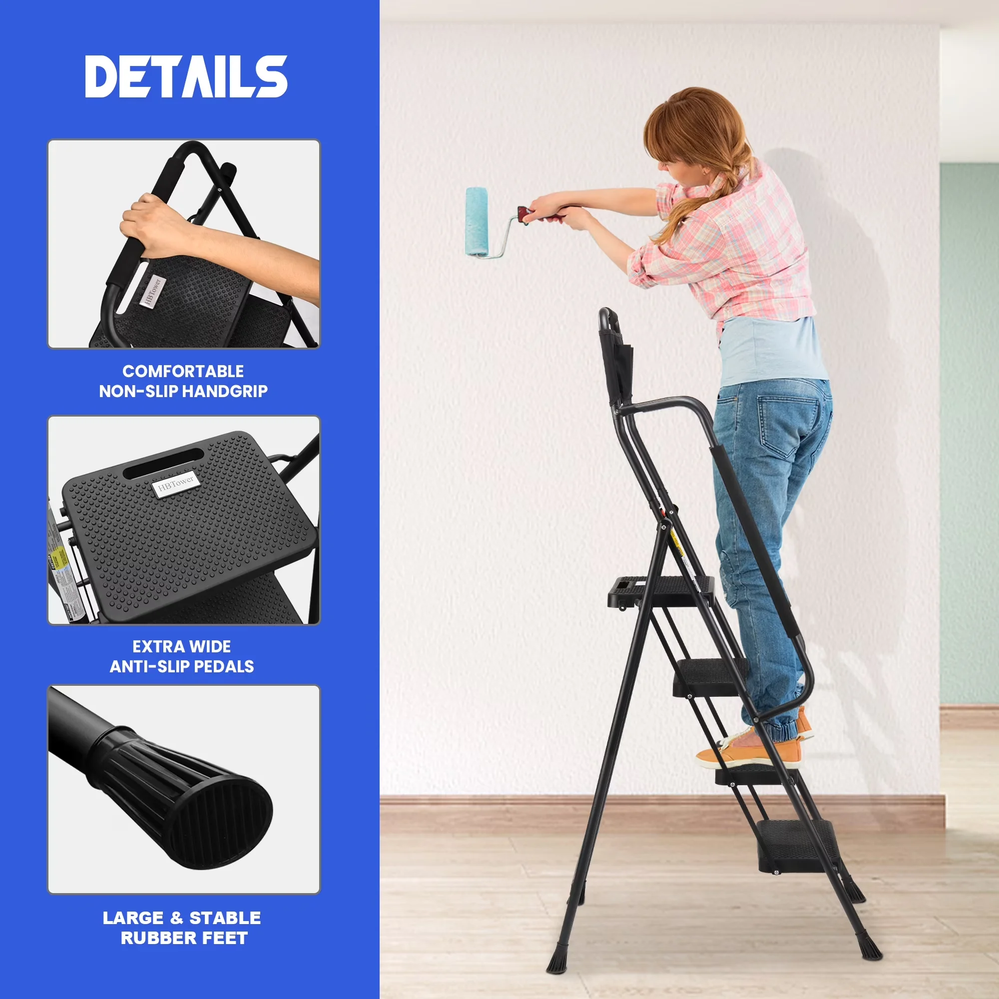 Innovative Ladders And Step Stool with Metal Frame, Attachable Tool Bag & Handrails, 4 Ladder - Alloy Steel, Rubber Black Model 7C0458
