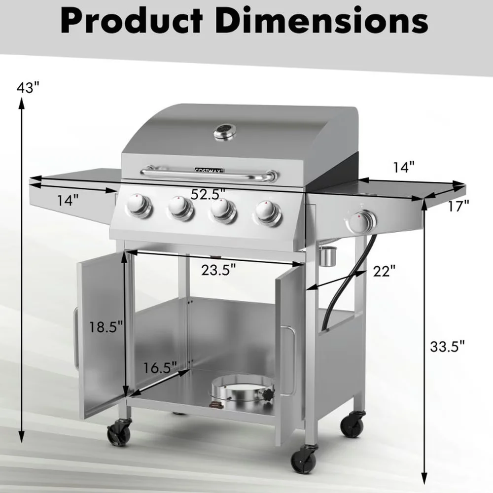Quality Gas Grill with 50000 BTU, Rust Resistant - Silver Stainless Steel, Chrome-Plated Metal Model AD58CA