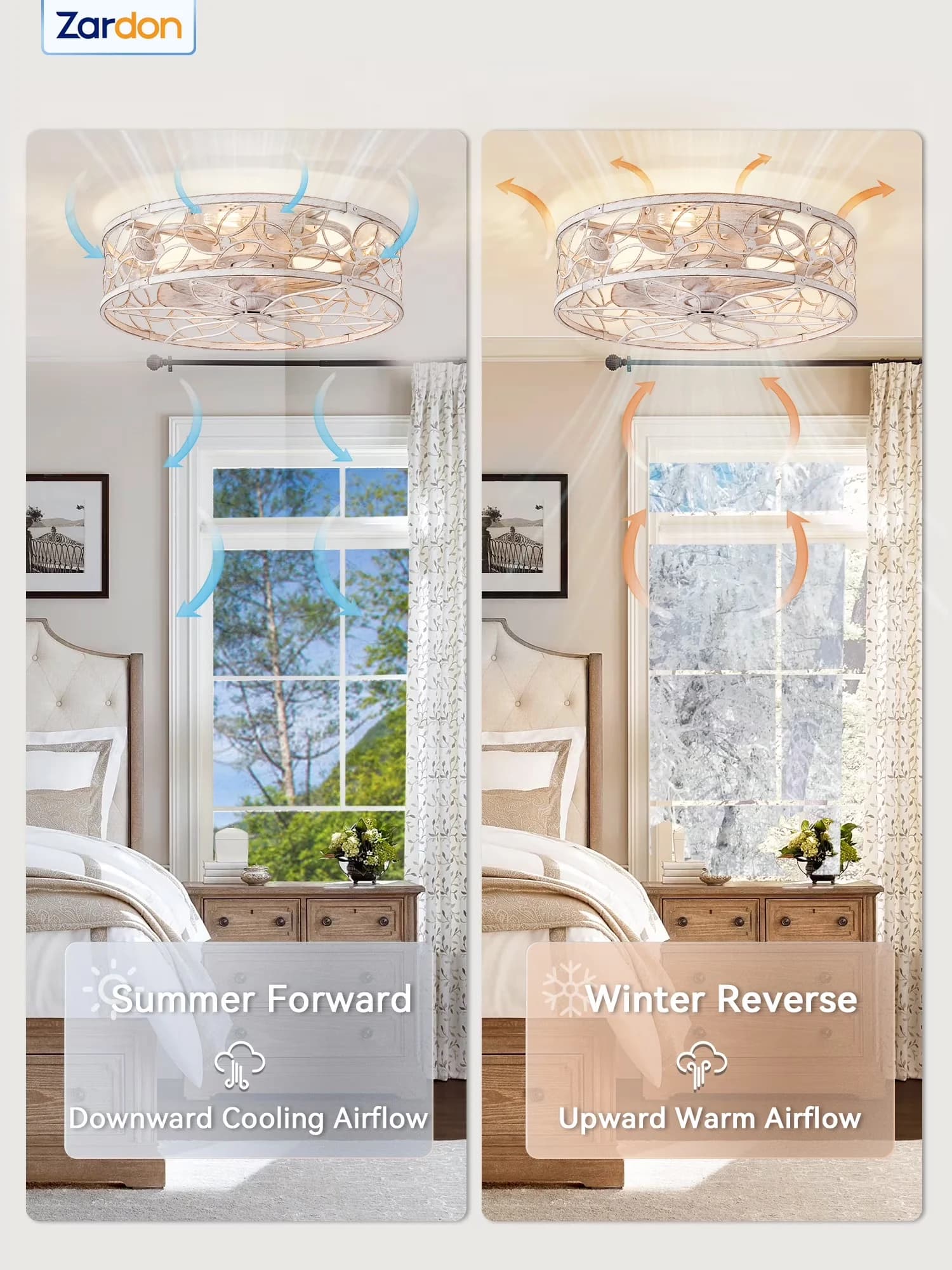 Efficient Ceiling Fan with LED, Reverse Airflow - White, Gold Metal for Dining Room, Bedroom Model 898C59