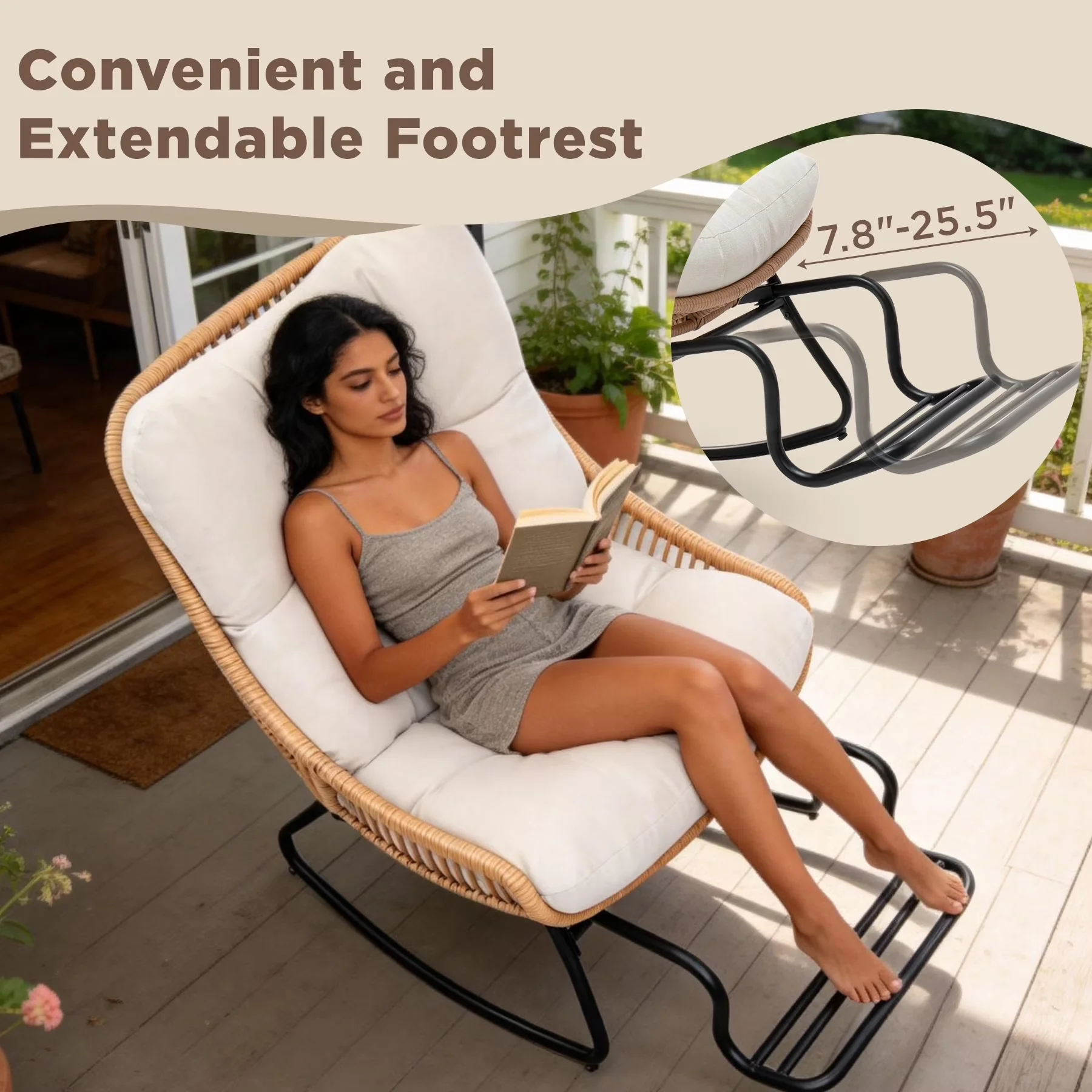 Compact Patio Chair with Fade Resistant, Mold Resistant, Reclining - Pe Rattan,Steel,Sponge,Polyester Beige for Living Room, Garden Model E066F7