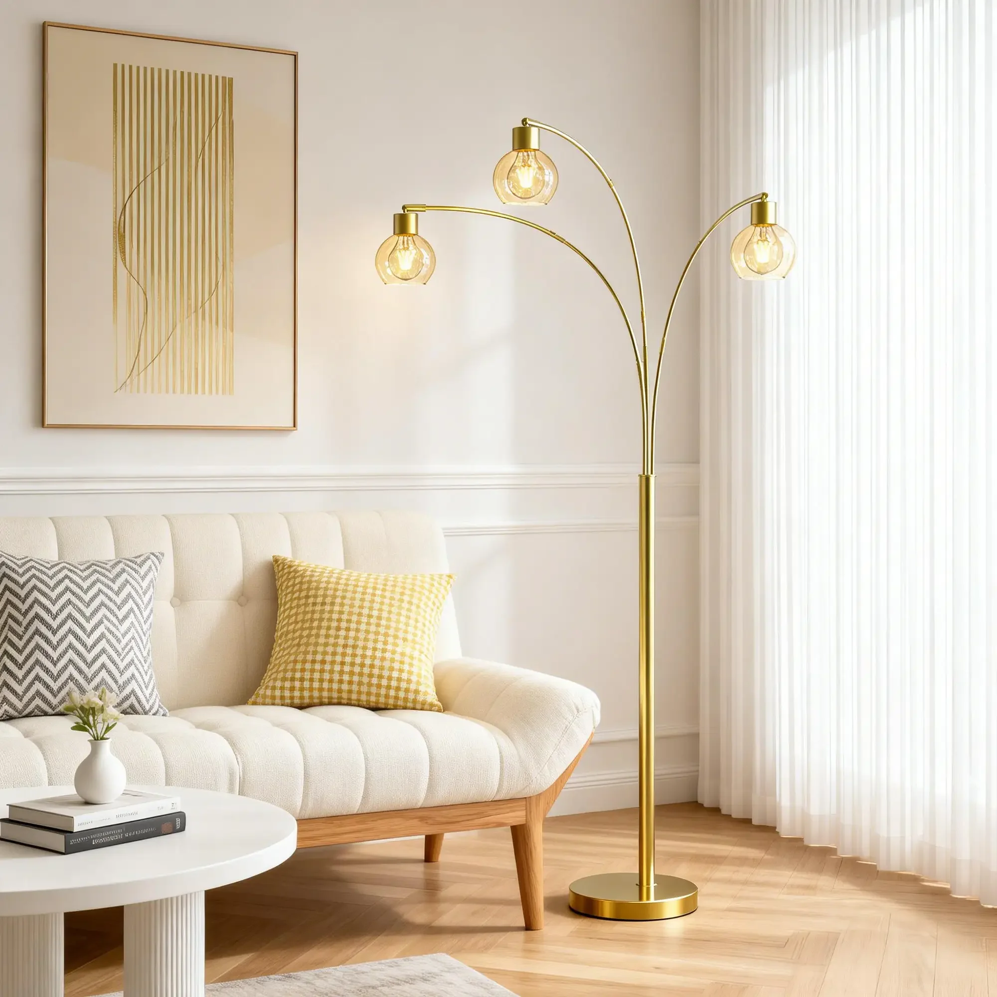 Floor Lamp Professional with LED, Adjustable Head, 72.8in 3-Light Arc Brushed Gold - Metal Gold Model 8EBBEB