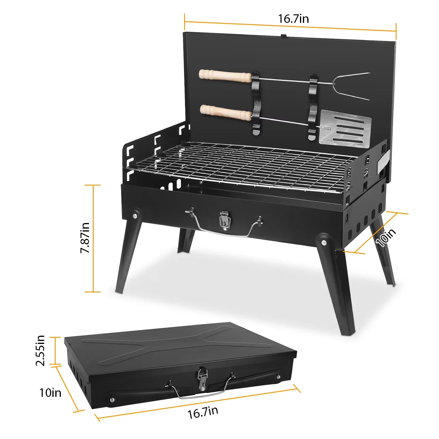 Flat Top Grill Modern with Portable, Portable Charcoal Foldable BBQ Suitcase - Black Iron|Chrome And Processing Electrophoresis... Model FF28B0