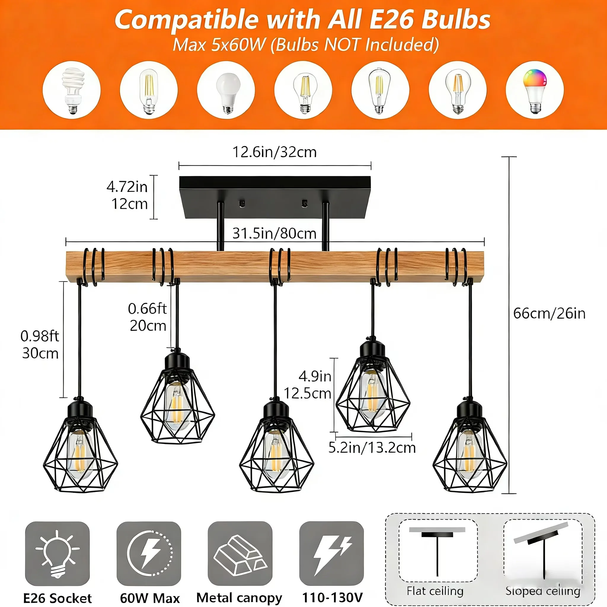 Premium Ceiling Lights Fixture with LED, Adjustable Height - Metal, Wood Black Model 786C8A