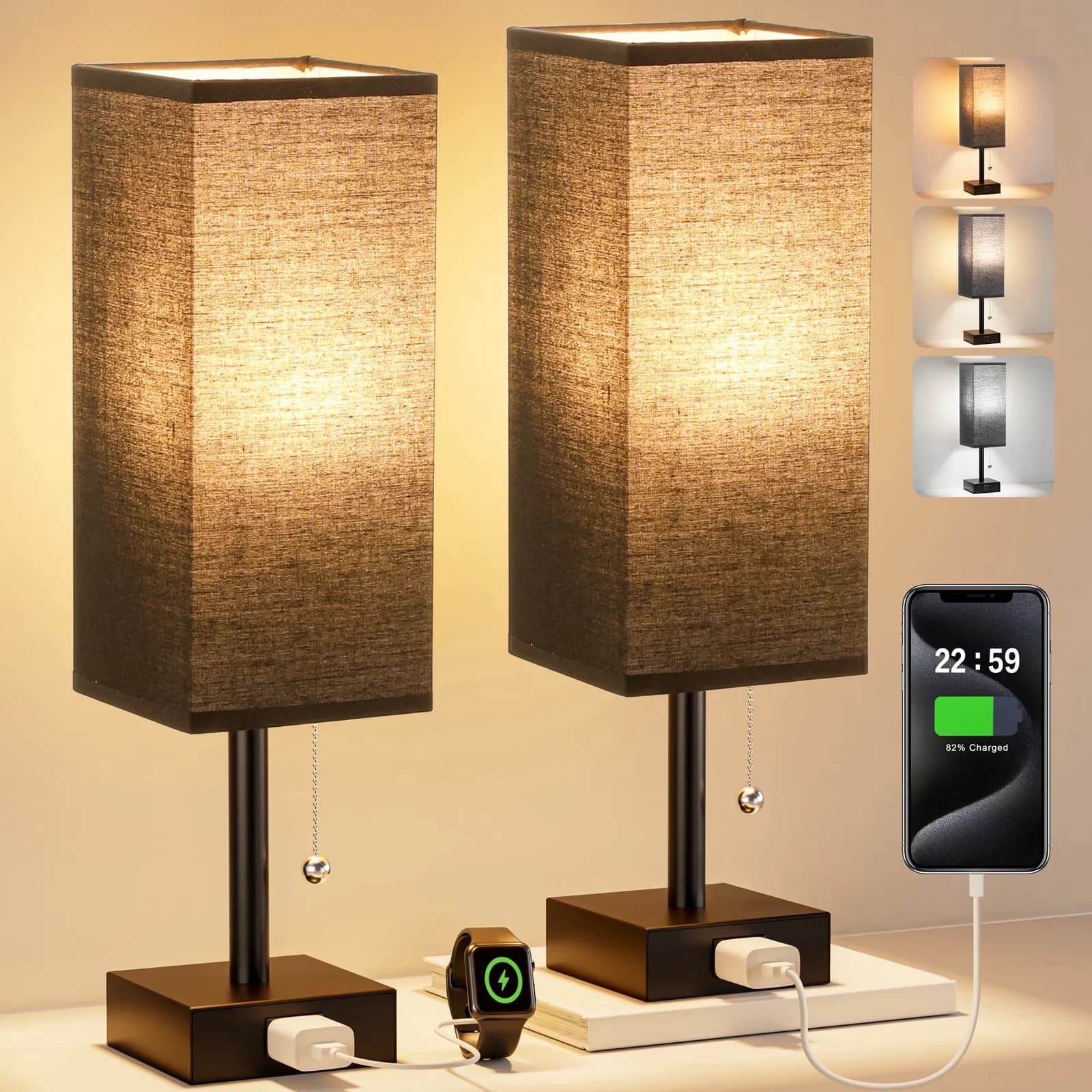Quality Lamp Set with LED, Modern, Power Outlet - Metal Black Bedside - Heavy Duty Model B6E30F