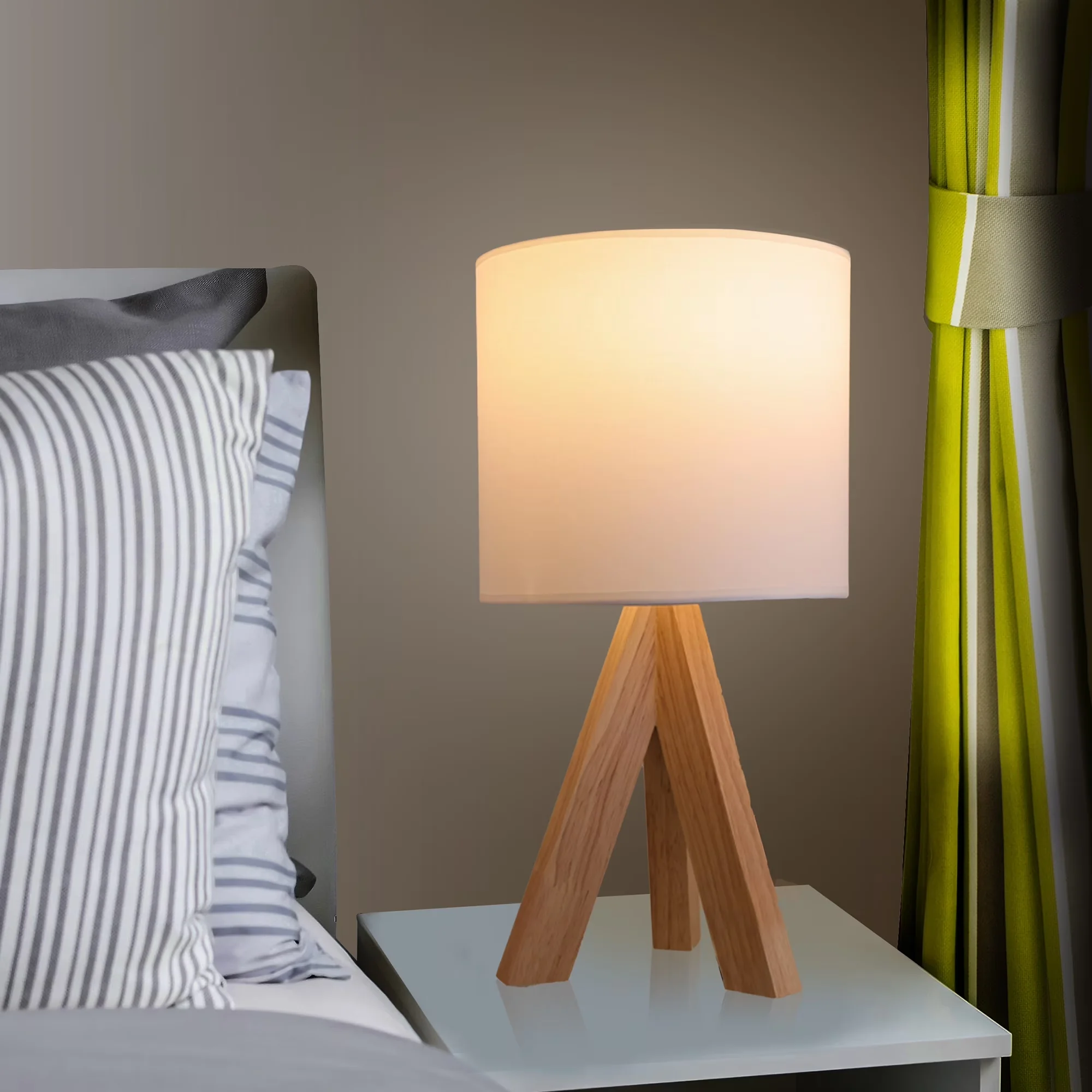 Essential Desk Lamp with Incandescent, Contemporary, Power Outlet - White Wood Model 5E8883