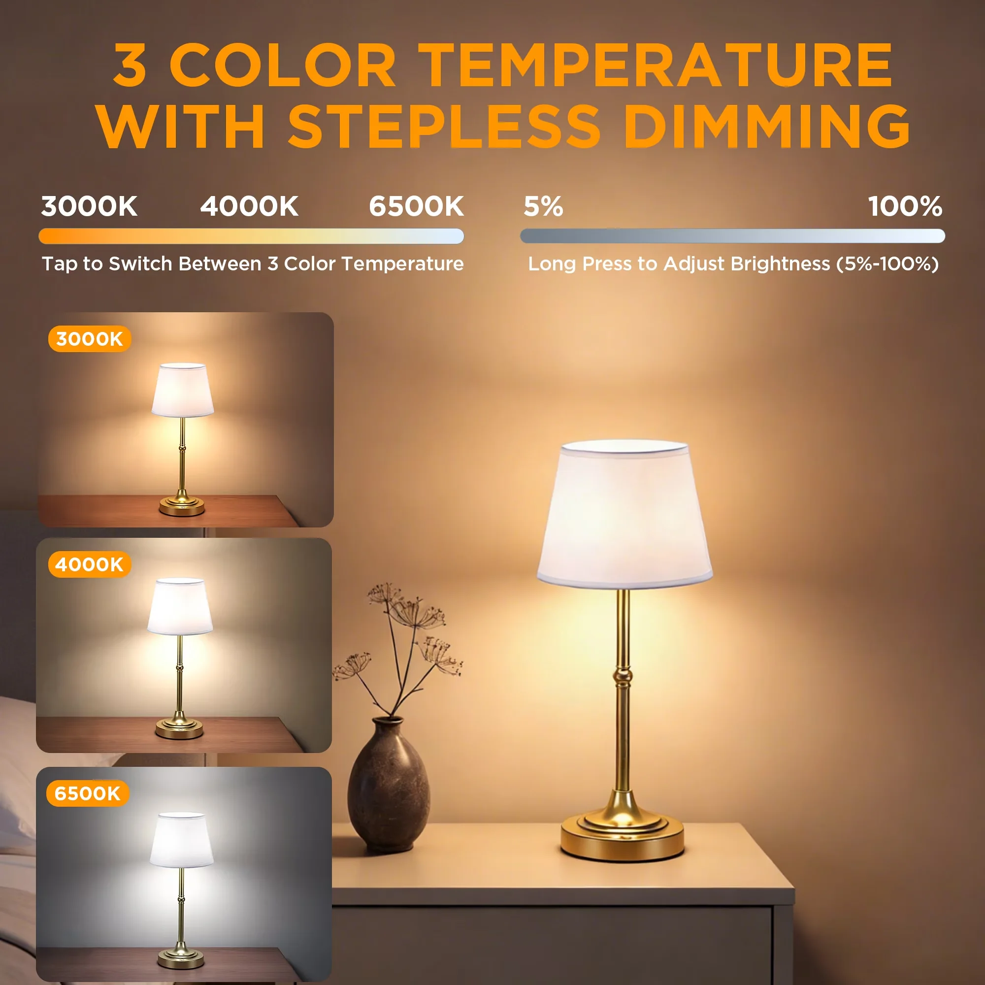 Innovative Lamp Set with LED, Modern, Brushed Gold Modern - Iron Gold Cordless Model 34518F