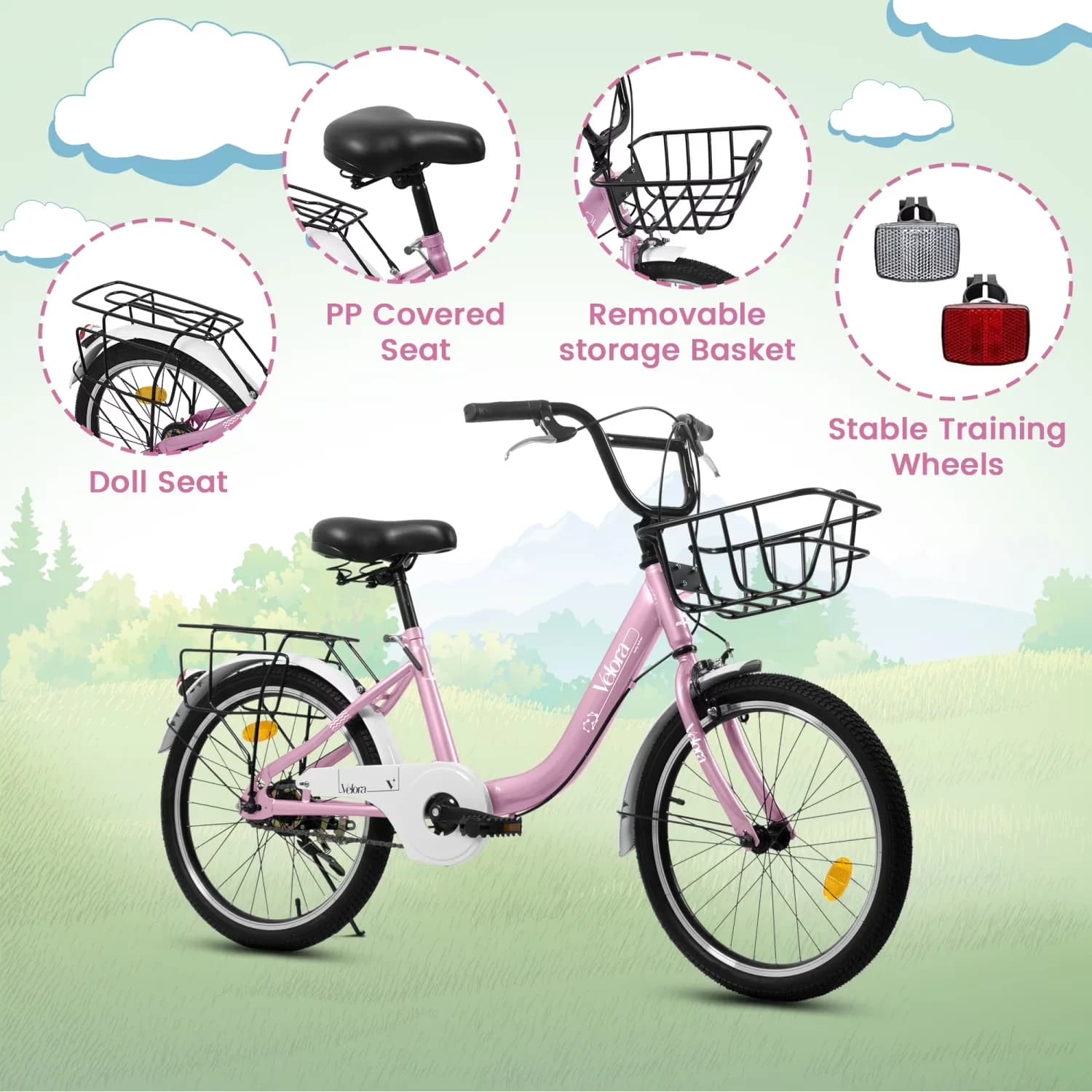 Efficient Road Bike with Adjustable Height, Doll-Seat & Basket Pink - Pink Model FF7332