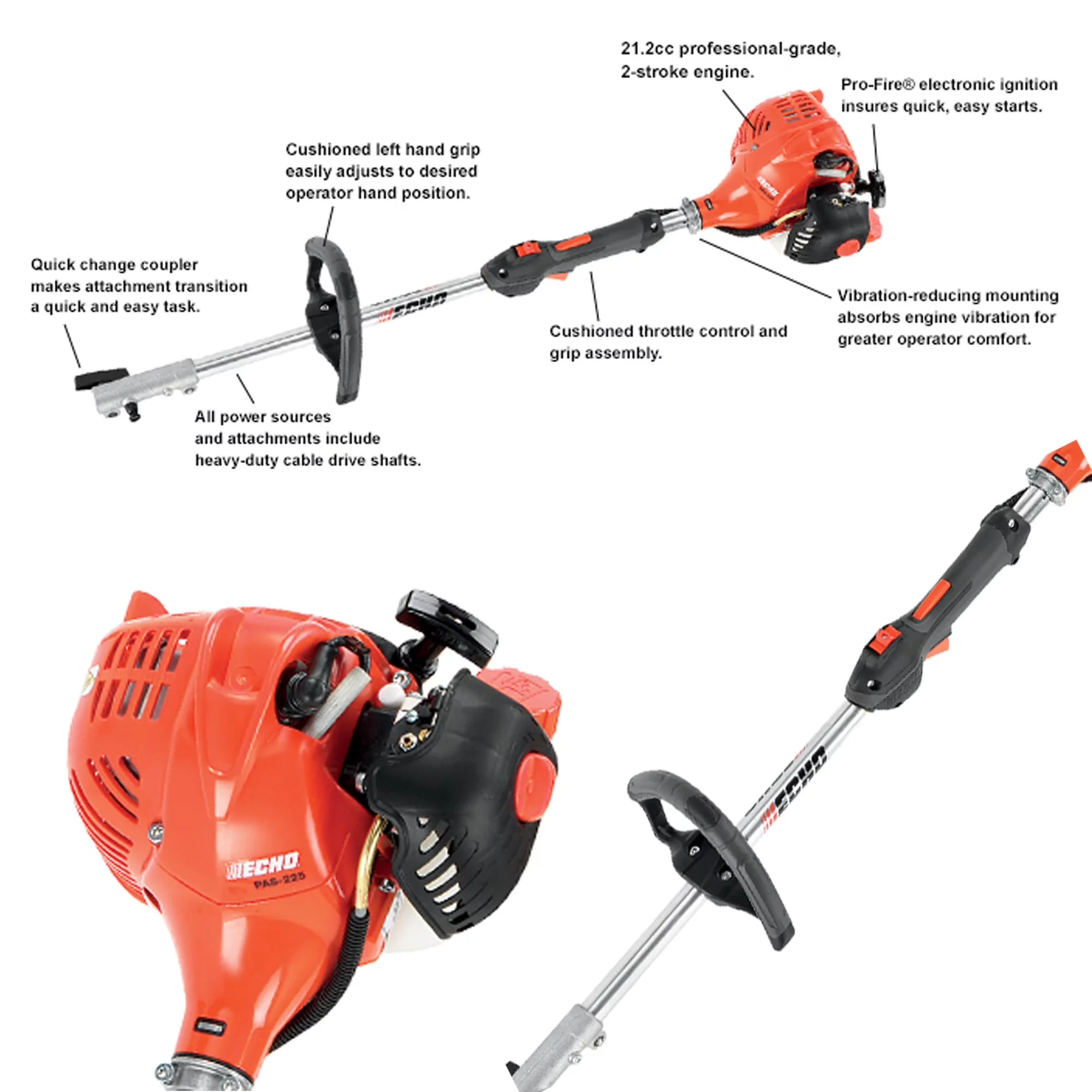 Versatile String Trimmer with Antivibration, Attachment Capable - Red PAS225 Model 072A5B