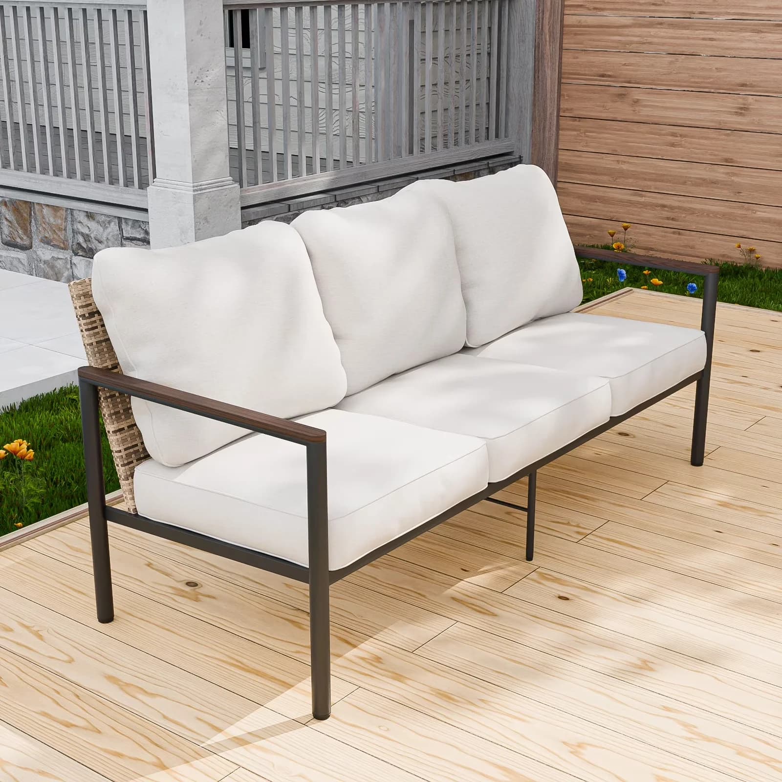 Durable Outdoor Sofas Sectional with Water-Resistant, Cushions, Patio Steel Framed Wicker Chair - Wicker,Steel Beige for Garden Model E0EE1C