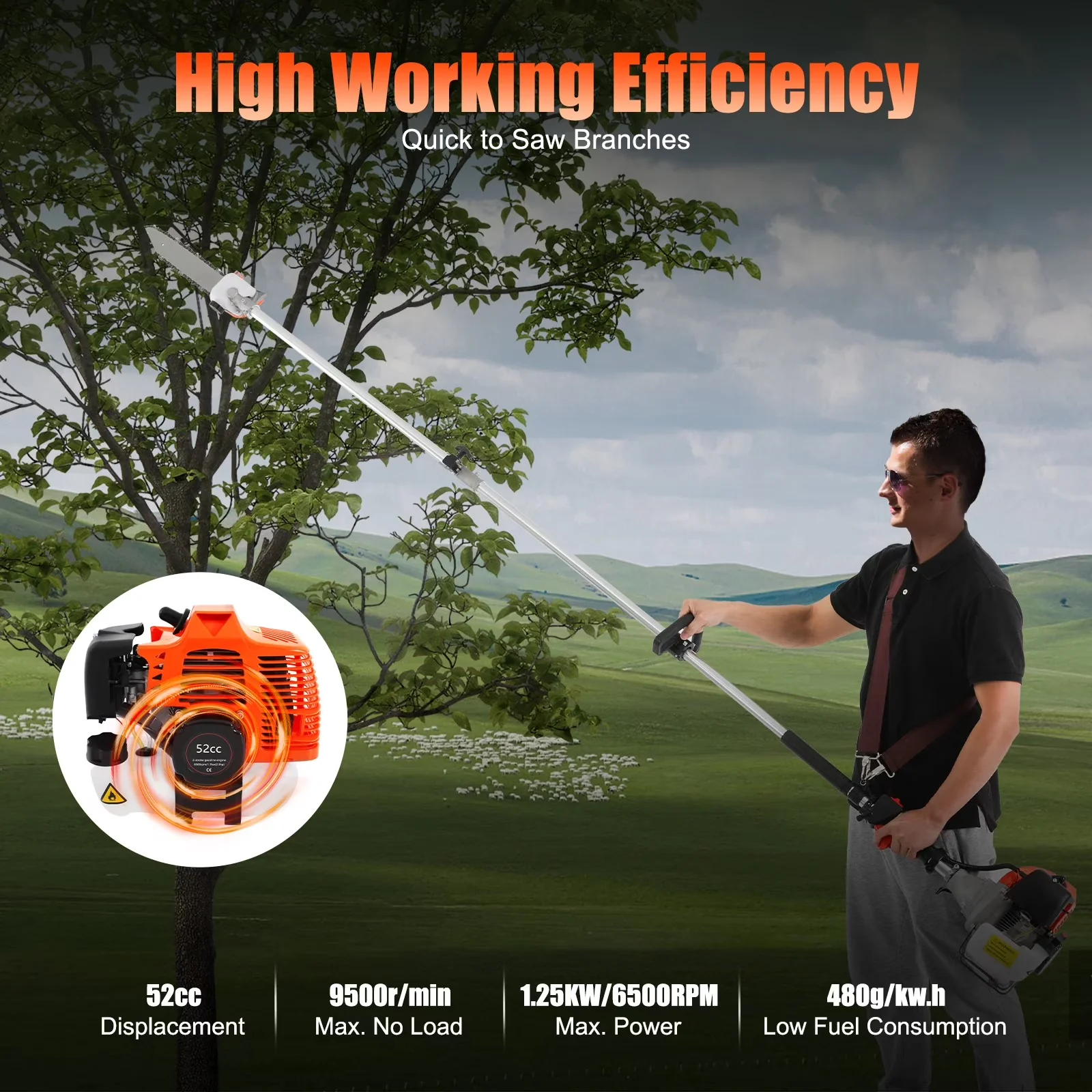 Quality Pole Saw with Gas Pruner Tree Trimming Cutting Tool, 52CC 2-Stroke Gas-Powered Chain - Model B9590D