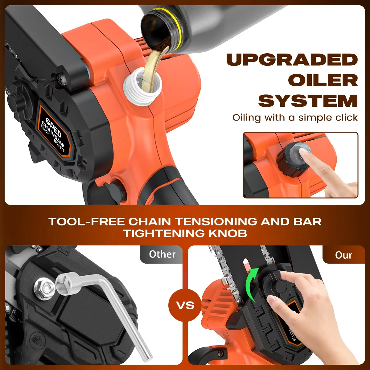 Modern Chainsaw with Battery, Bumper Spikes, Automatic Chain Oiler - Orange Model FC0645