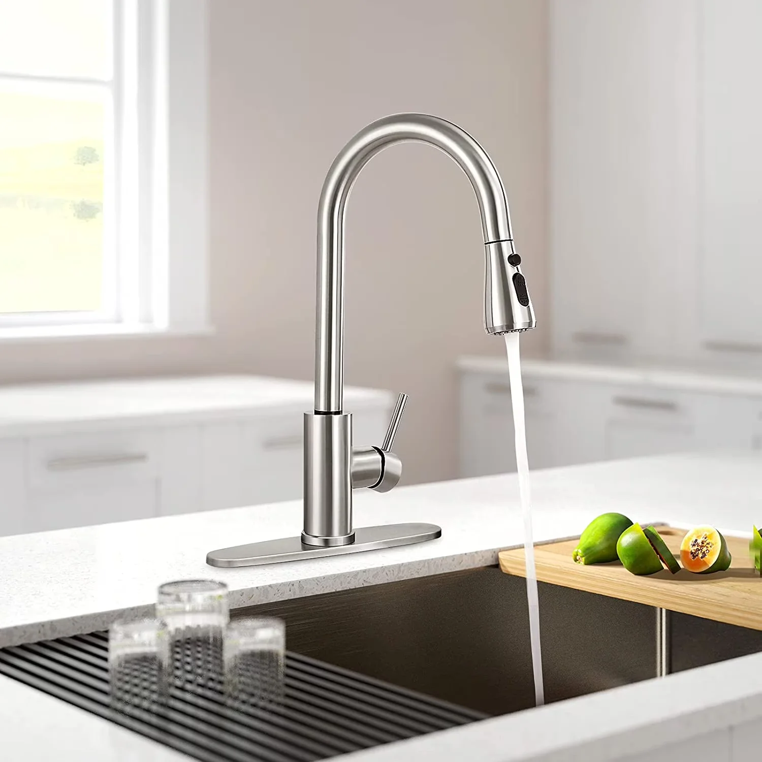 Efficient Plumbing with 360 Degree Rotation, Commercial Modern rv Kitchen Faucets, Single Handle Kitchen Sink Faucet - Silver Sus304... Model 85827D