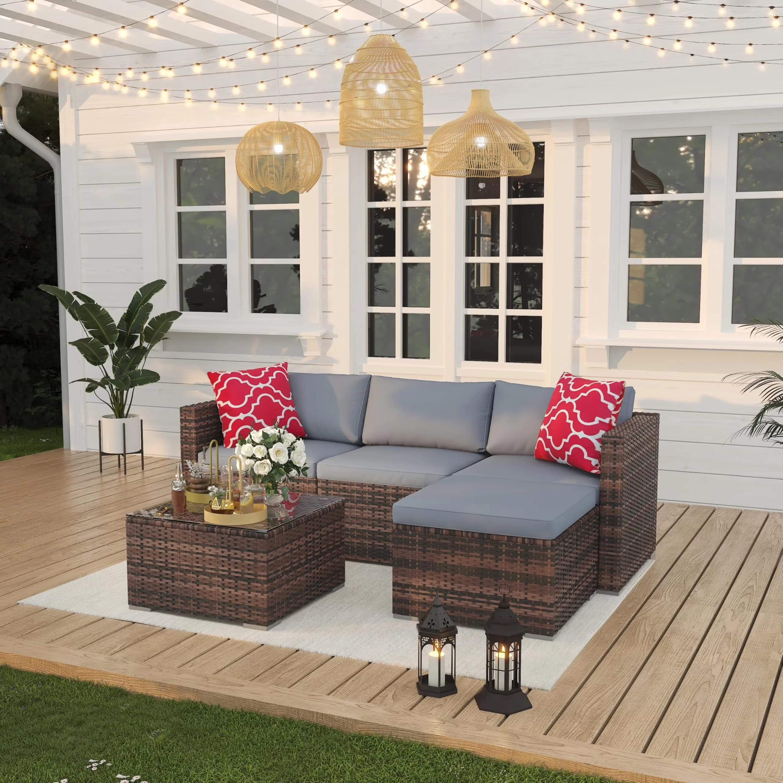 Stylish Outdoor Sofas Sectional with Waterproof Cushions, Tempered Glass Table - Pe Rattan, Polyester, Glass, Metal, Steel Brown... Model 9CF9D2
