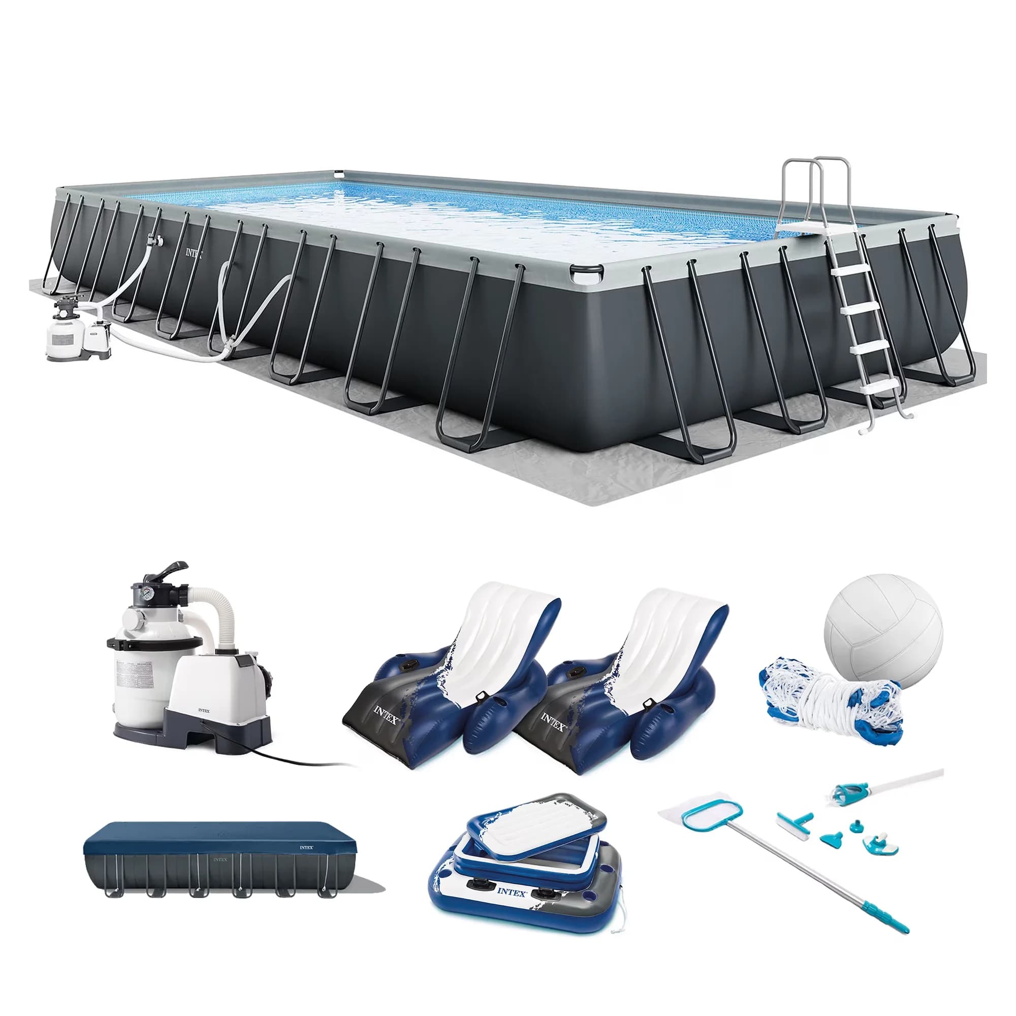 Above Ground Pool Compact with Uv Resistant, 32ft x 16ft x 52in Ultra XTR, & Inflatable Cooler - Gray Model 94F896