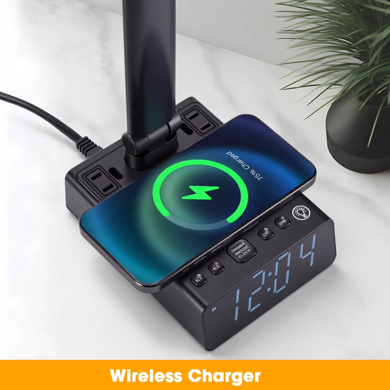 Stylish Desk Lamp with LED, Wireless Charging - Black for General Purpose Model 23C1AD