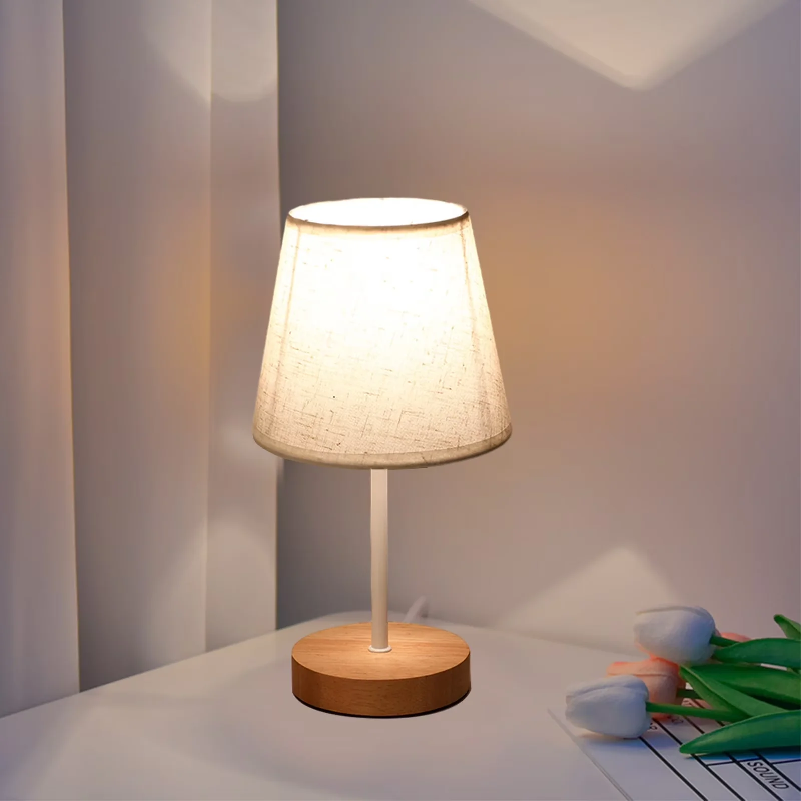 Durable Desk Lamp with LED, Bedside Lamps - Beige Solid Wood for Living Room, Bedroom Model E59B2B