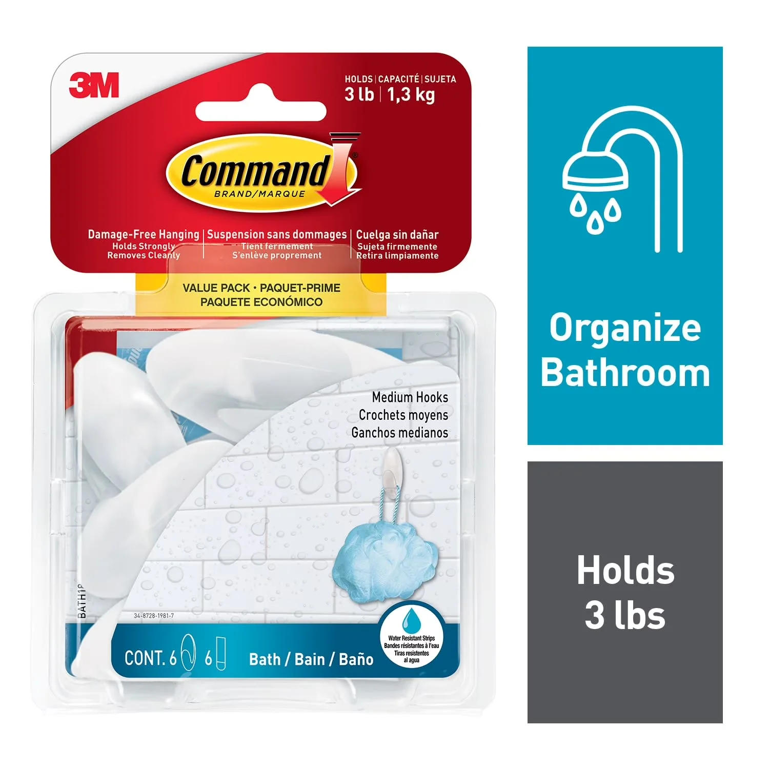 Quality Damage-Free Hanging with Easy Installation, Rust Resistant, 6 Wall Hooks - Plastic M Model 5075B9