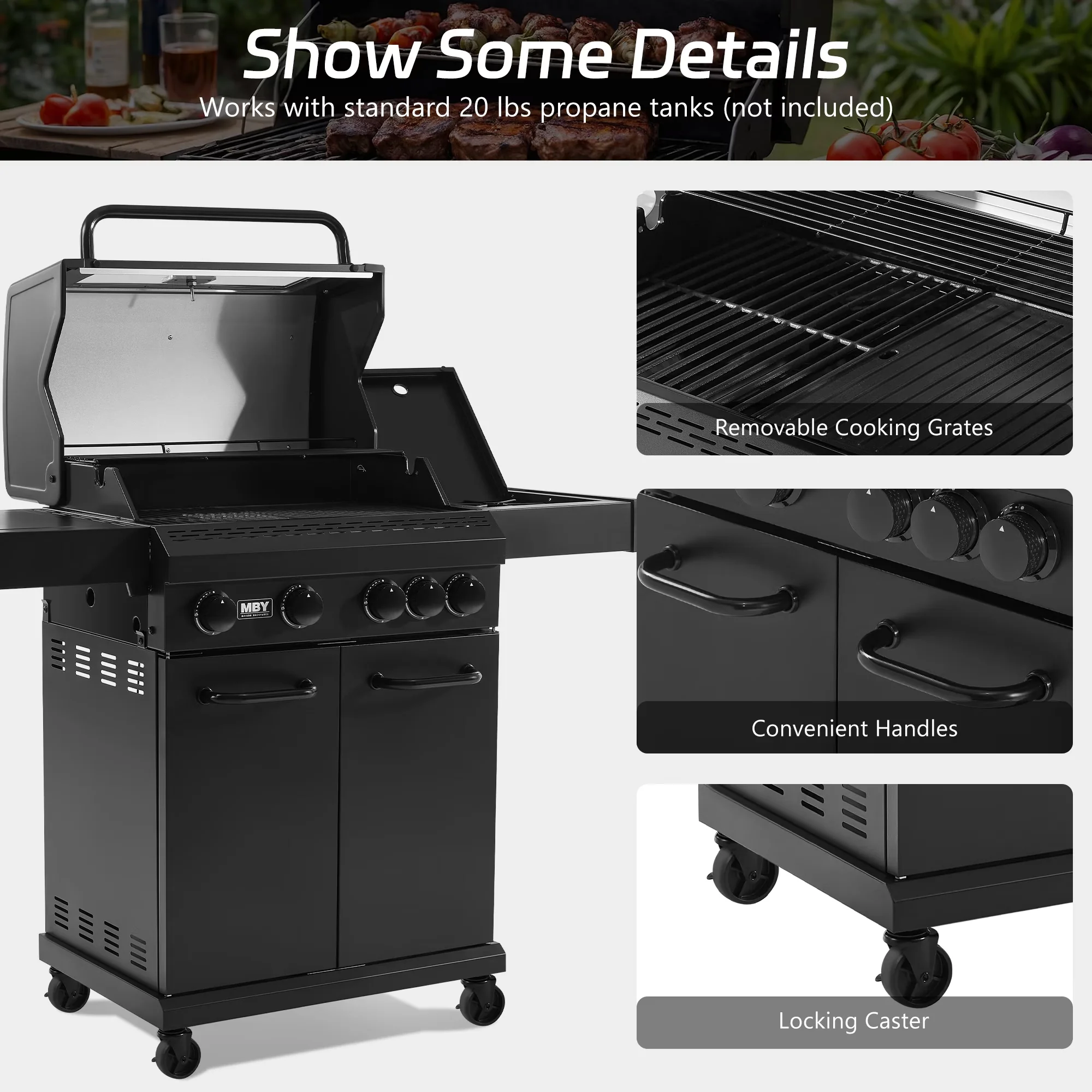 Sleek Flat Top Grill with 50000 BTU, Warming Rack, Cast Iron Grates and Griddle - Black Alloy Steel Model 6FBF8B