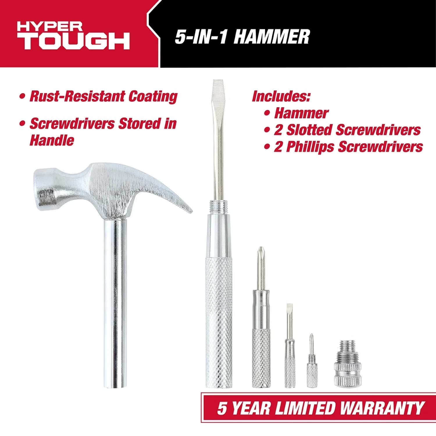 Innovative Hand Tool with Rust Resistant, New Chrome Plated 5 in 1 Hammer, 5 Year Limited Warranty - Model 20AC3A