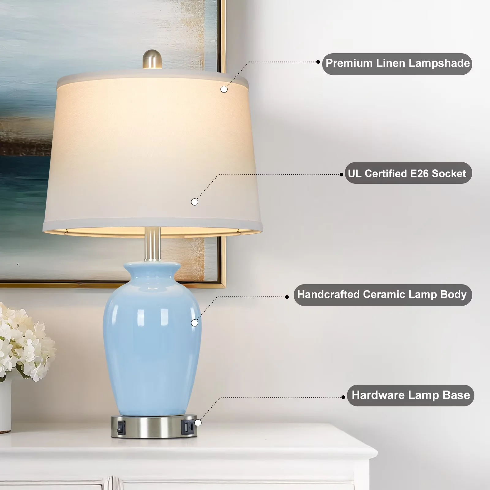 Lamp Set Sleek with LED, Farmhouse - Blue Ceramic, Metal for Living Room, Bedroom Model B35256