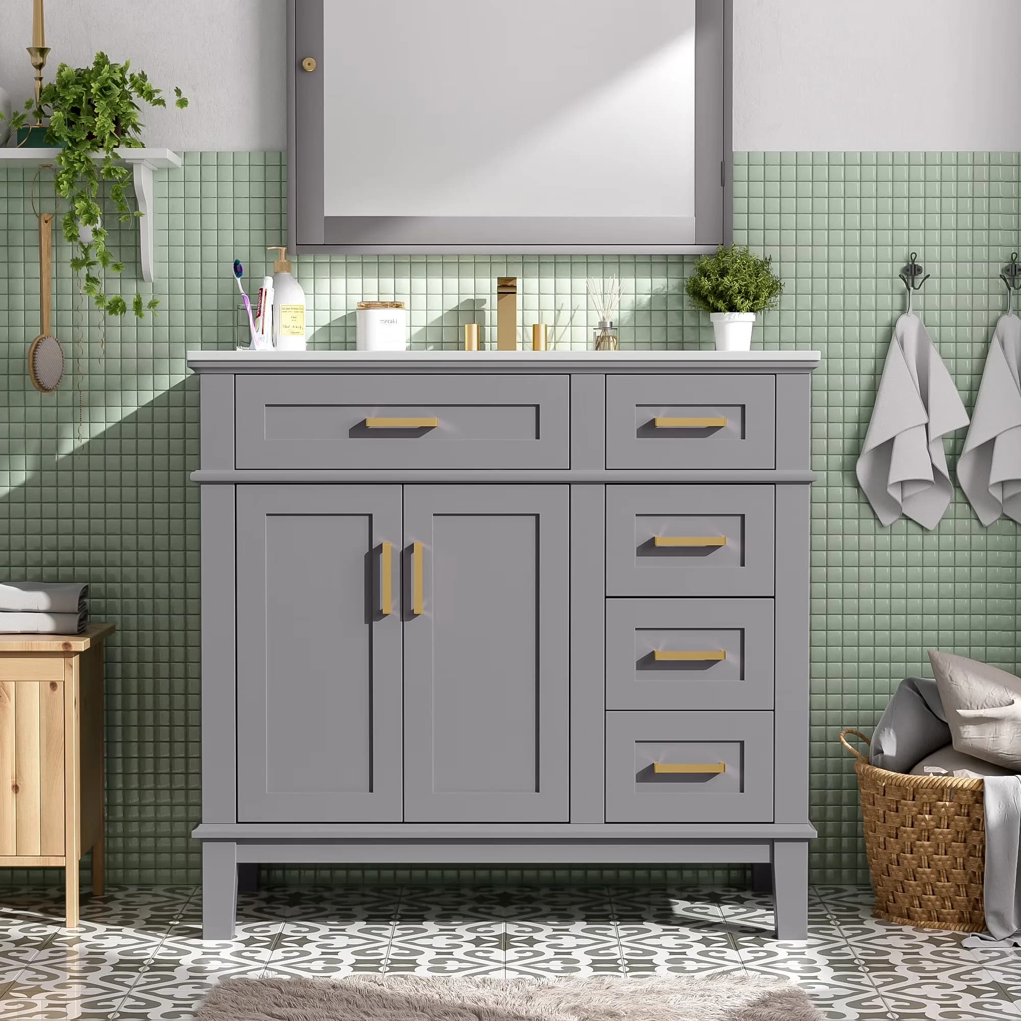 Quality Bathroom Renovation with Soft Close Doors, Freestanding Sink Cabinet, 3 Drawers & 1 Flip-Down Drawer for Small - Model 268217