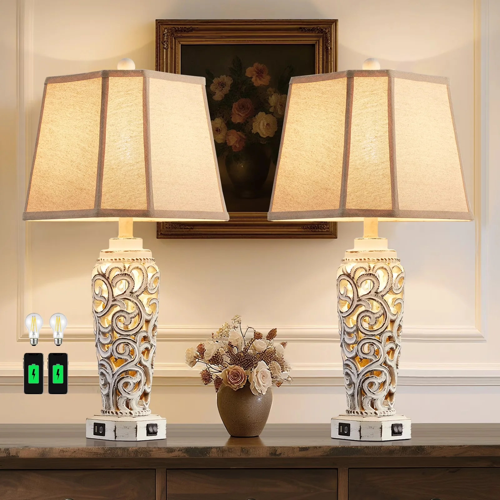 Compact Lamp Set with LED, Rustic/Lodge, Usb Port - Resin White Open - Traditional Style Model 24CDB5