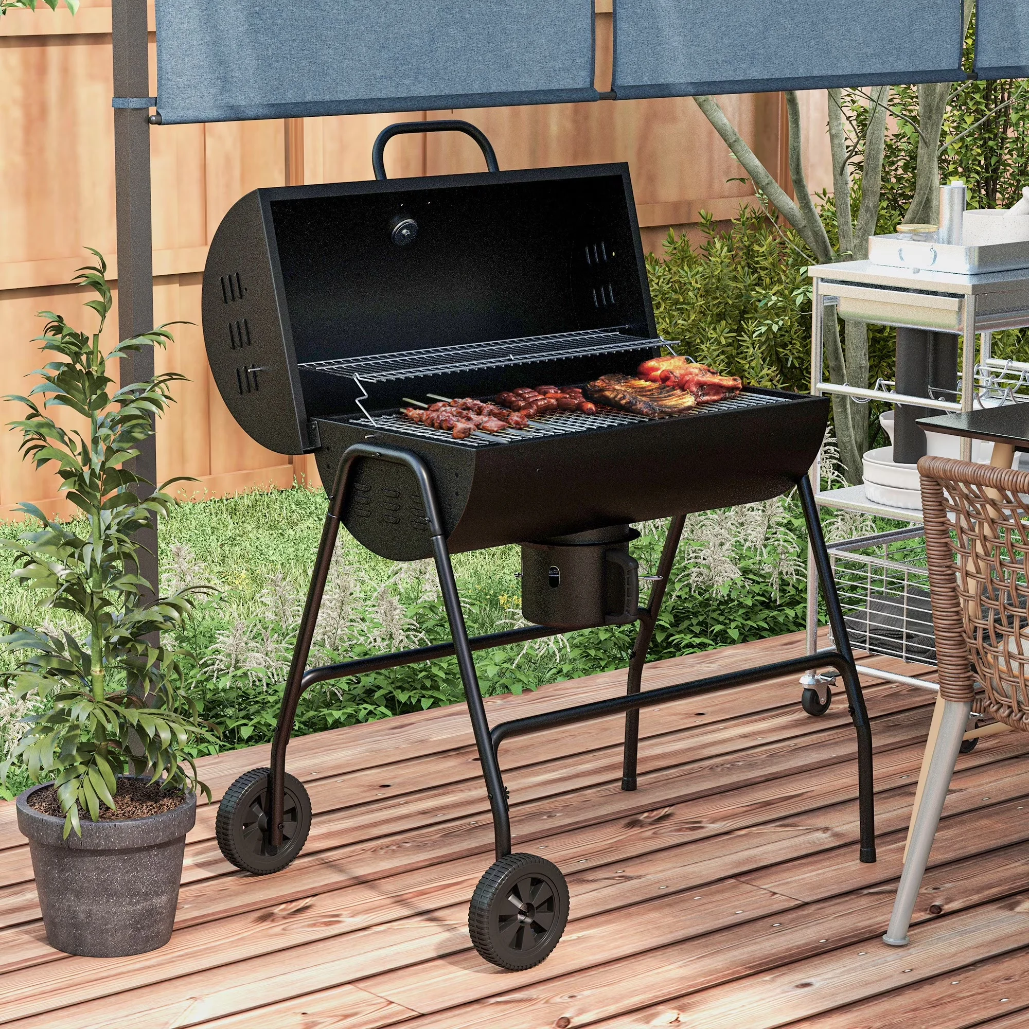 Reliable Charcoal Grill with Thermometer, Warming Rack, Barrel BBQ - Black Steel Model 95EB2B