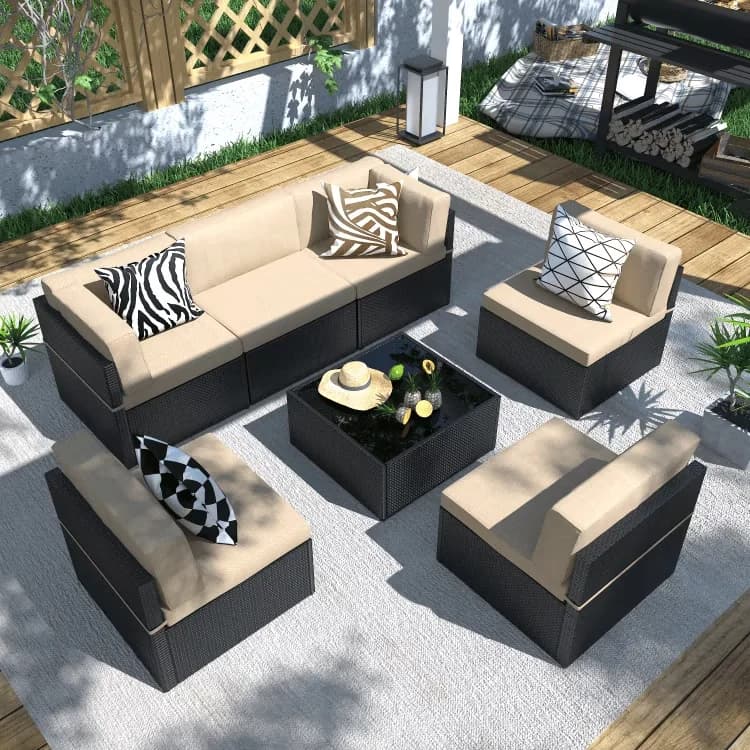 Professional Outdoor Sofas Sectional with Steel Frame, Brown w/ Black Rattan, Shape: Rectangular - Rattan Wicker Model 4AC6B9