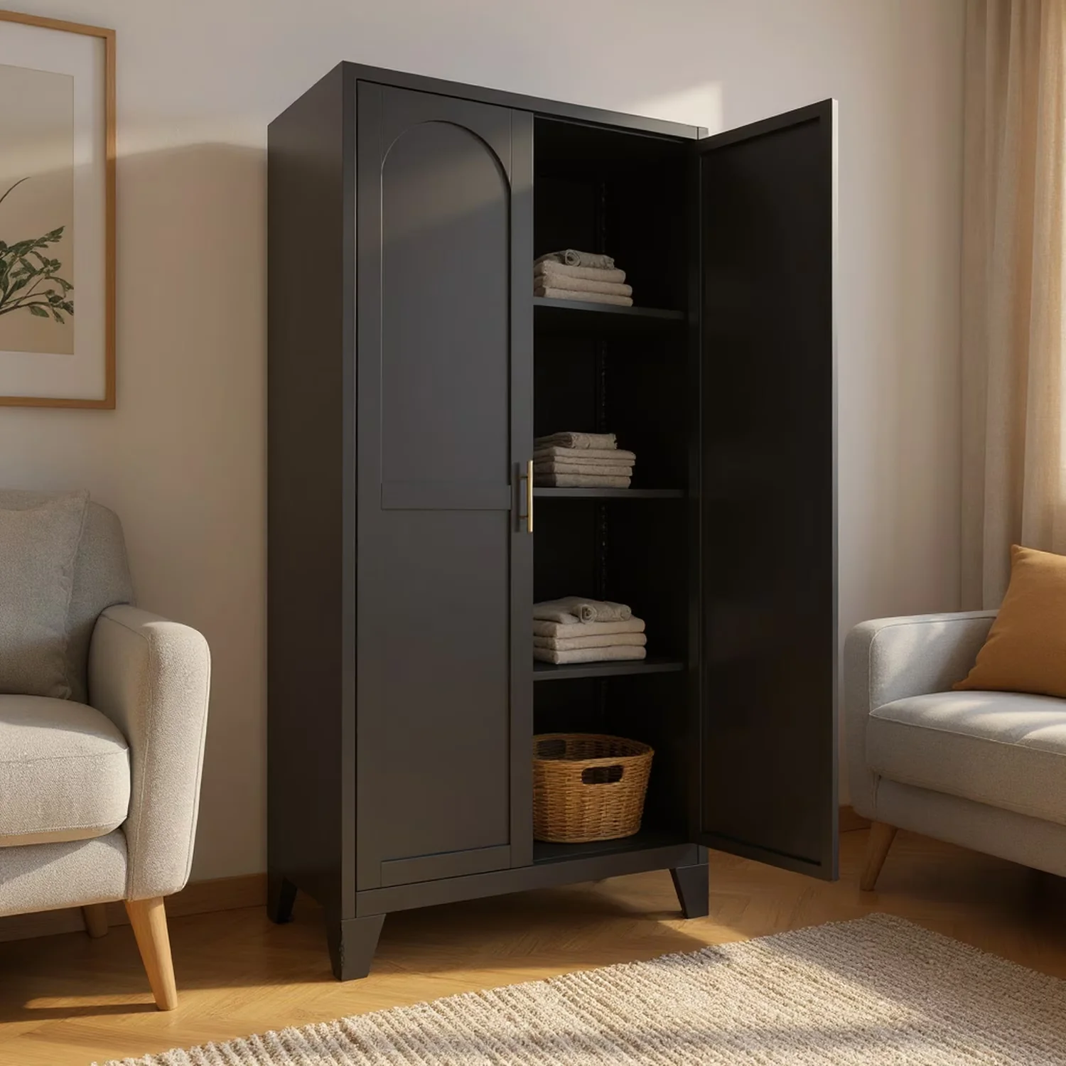 Classic Kitchen Renovation with Adjustable Shelves, Modern, 60.8" Tall Black Storage Cabinet - Black Mdf + Metal for Kitchen, Office Model BC9412