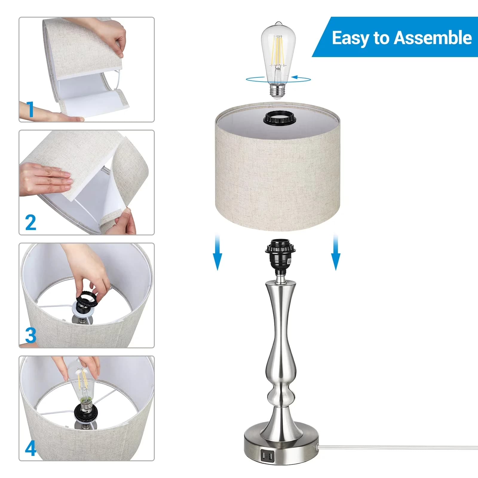 Essential Lamp with LED, Modern, Dimmable - Silver Metal E26 for Everyday Use Model 54DD38